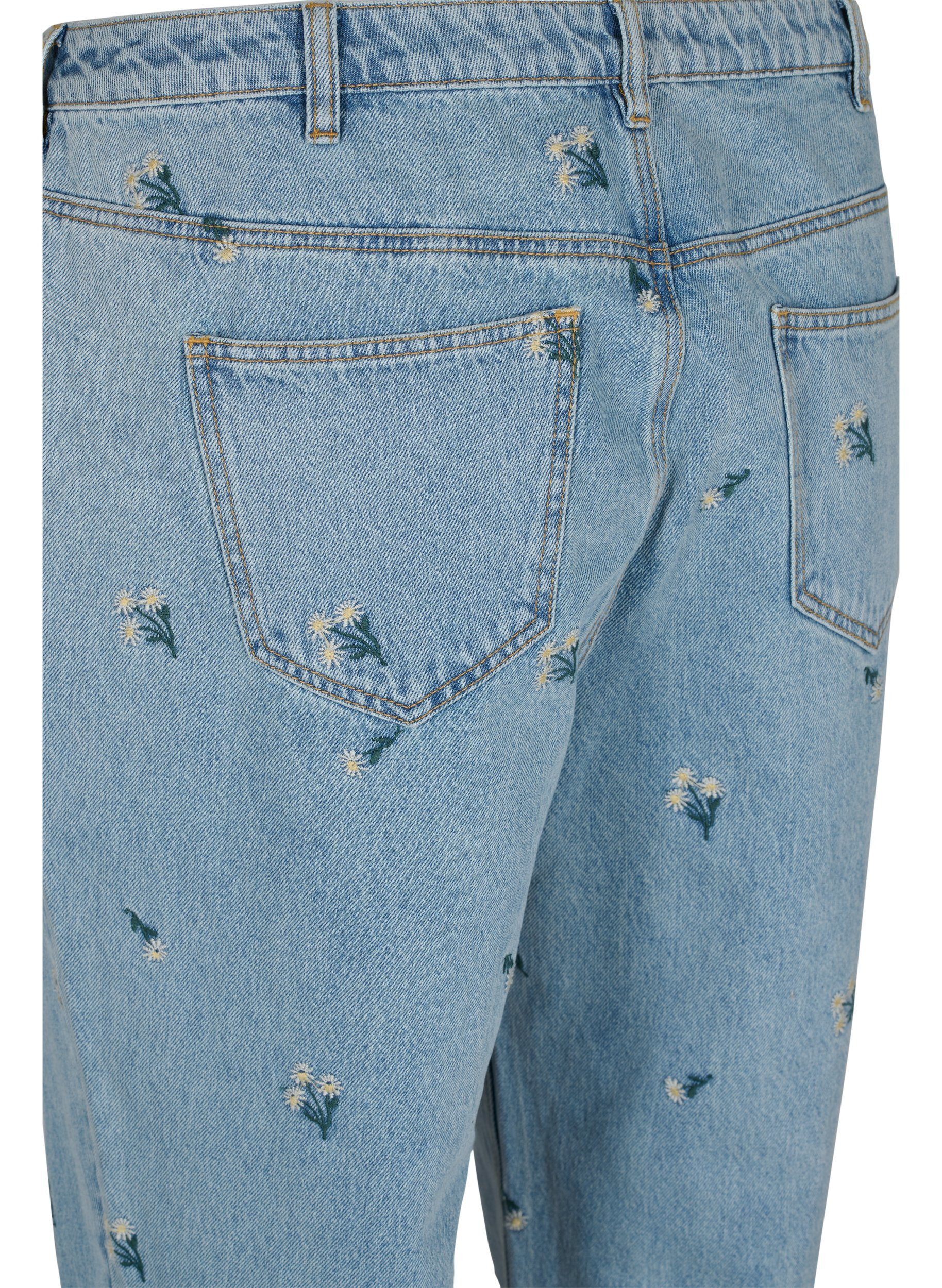 Mille mom fit jeans med broderade blommor, Blue w. Small Flower, Packshot image number 3