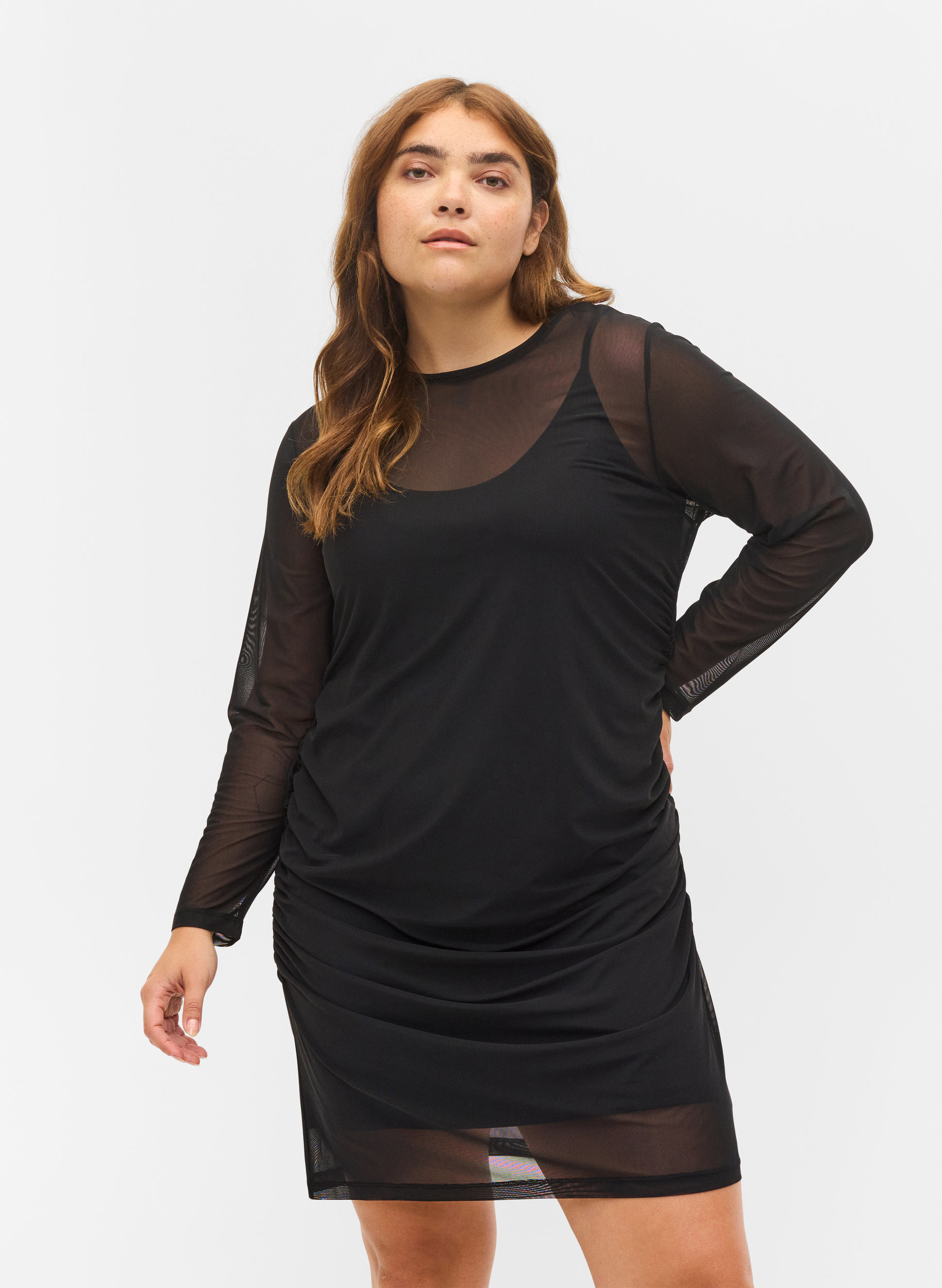 Åtsittande mesh-klänning med 3/4 ärmar, Black, Model image number 0