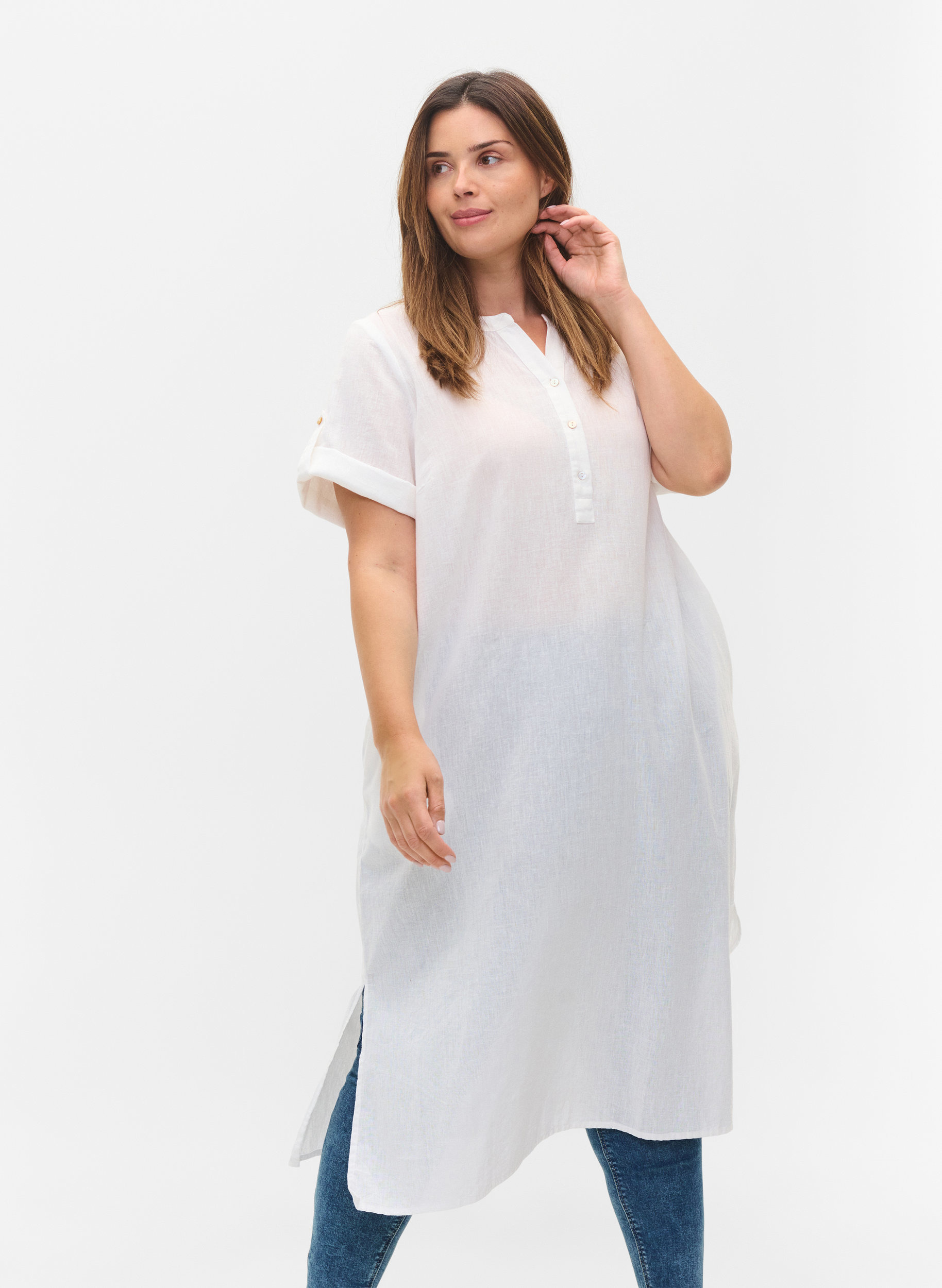 Lång skjortklänning med korta ärmar, White, Model
