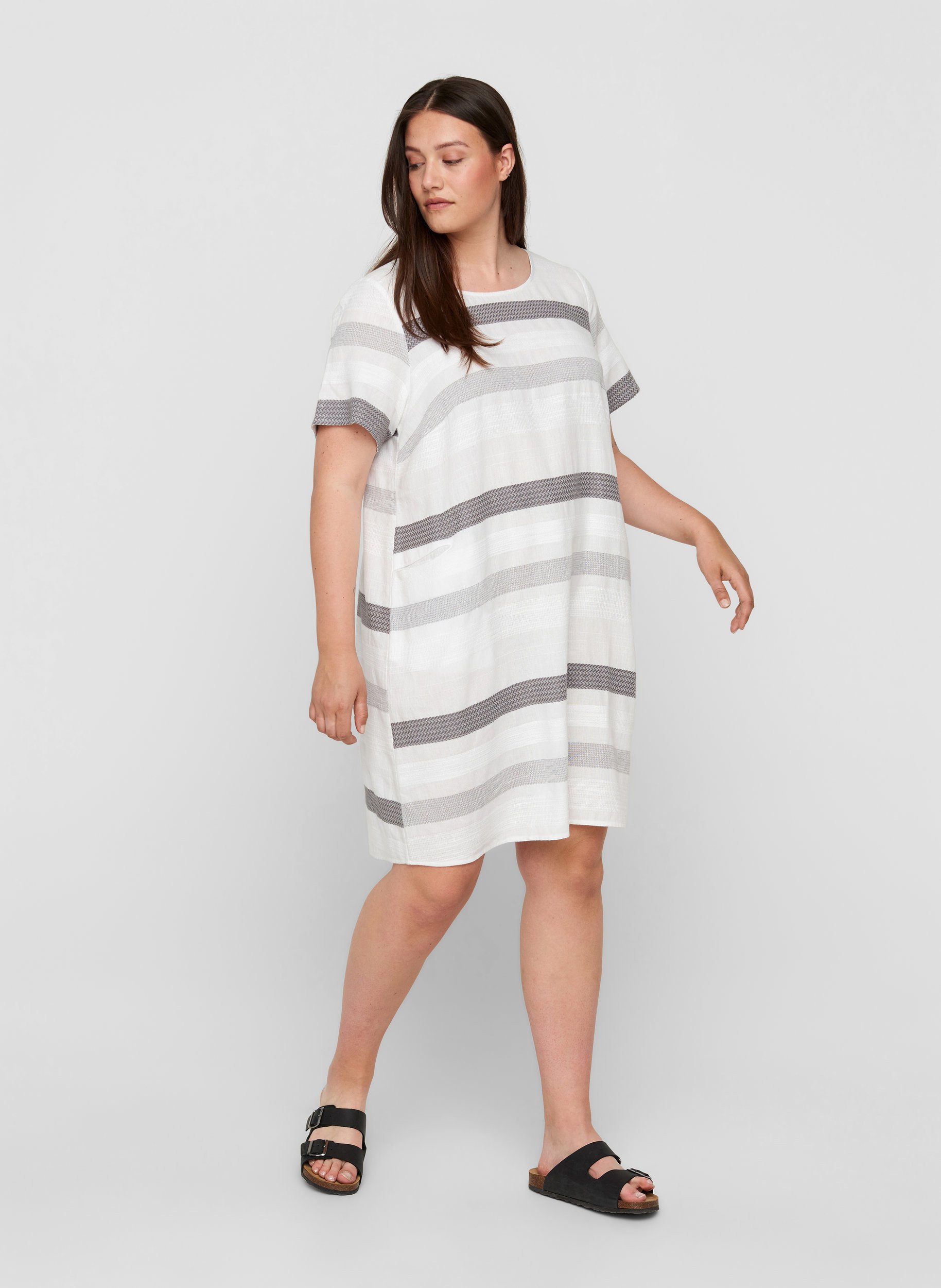 Randig klänning med korta ärmar, White Stripe, Model image number 2