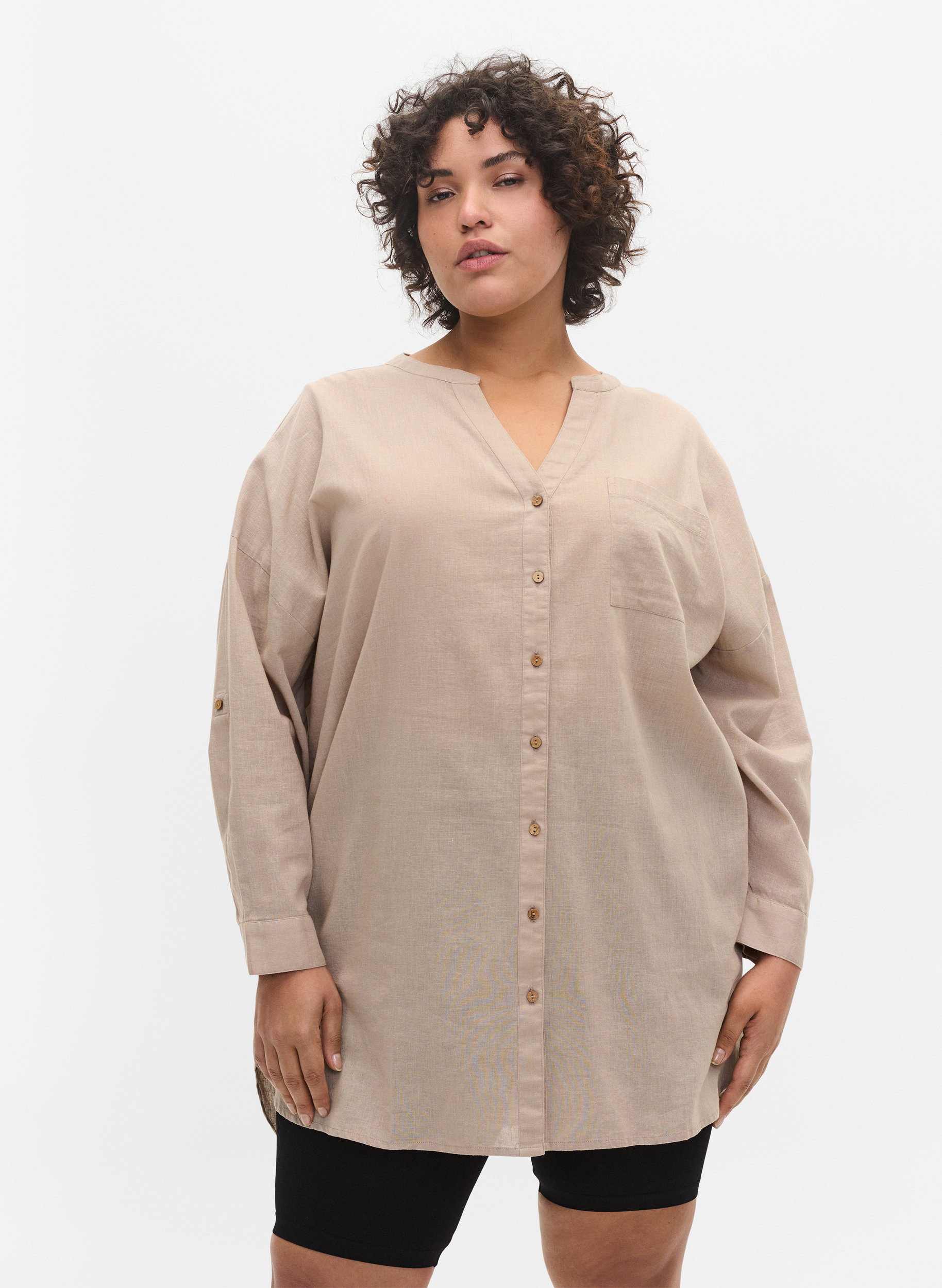 Blus med 3/4-ärmar och knäppning, Simply Taupe, Model