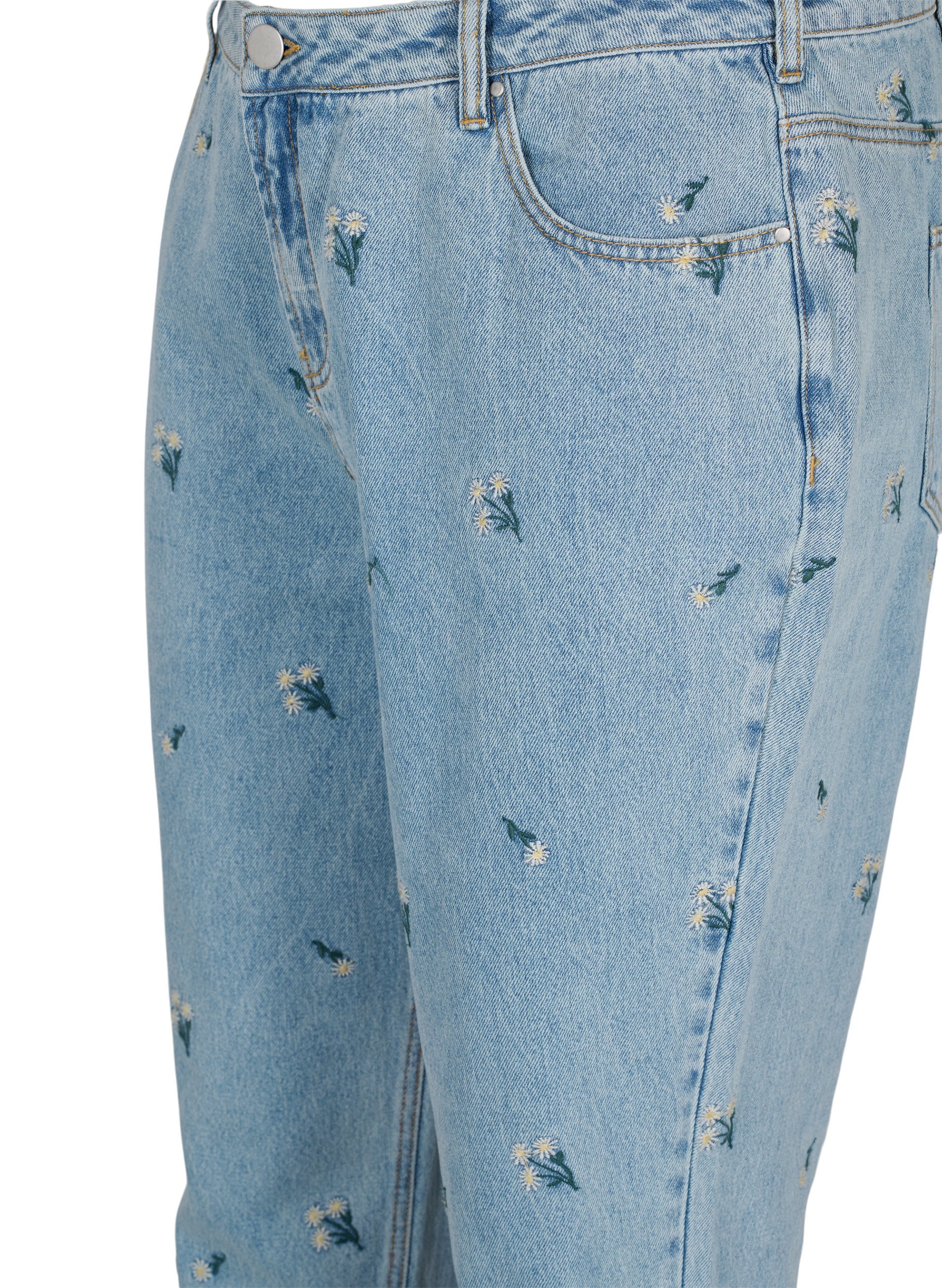 Mille mom fit jeans med broderade blommor, Blue w. Small Flower, Packshot image number 2