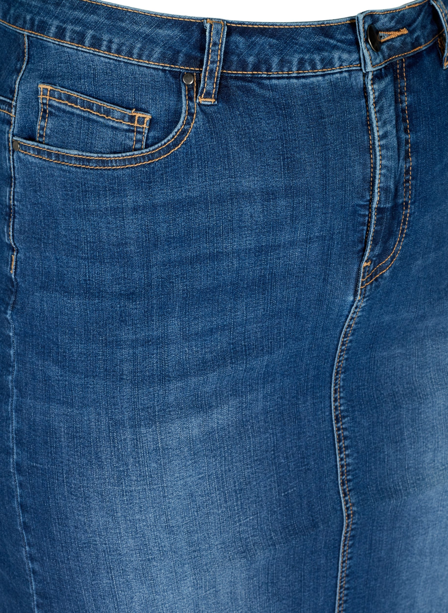 Knälång jeanskjol med slits, Dark blue denim, Packshot image number 2