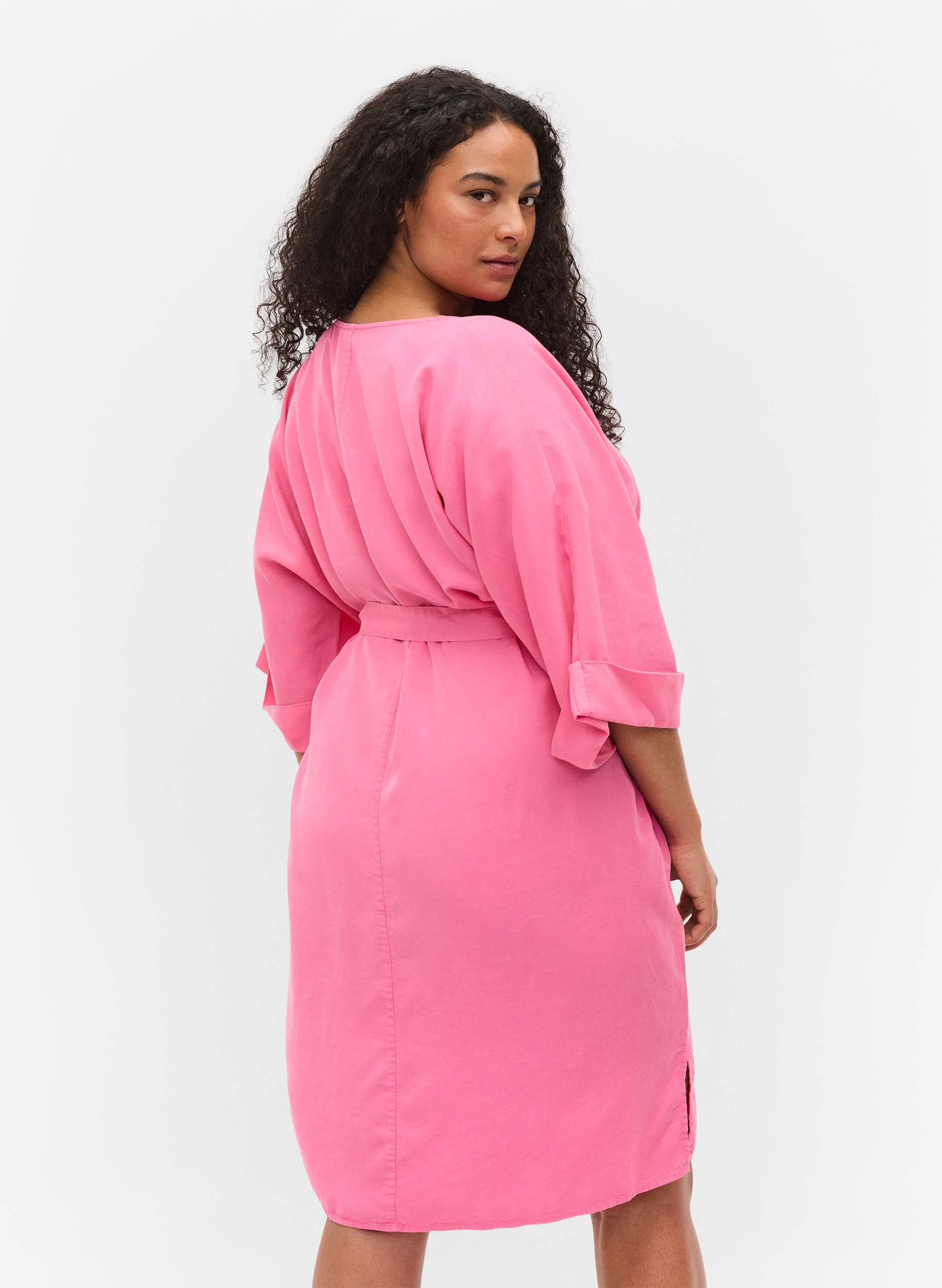 Klänning med 3/4-ärmar och knytband, Shocking Pink, Model image number 1