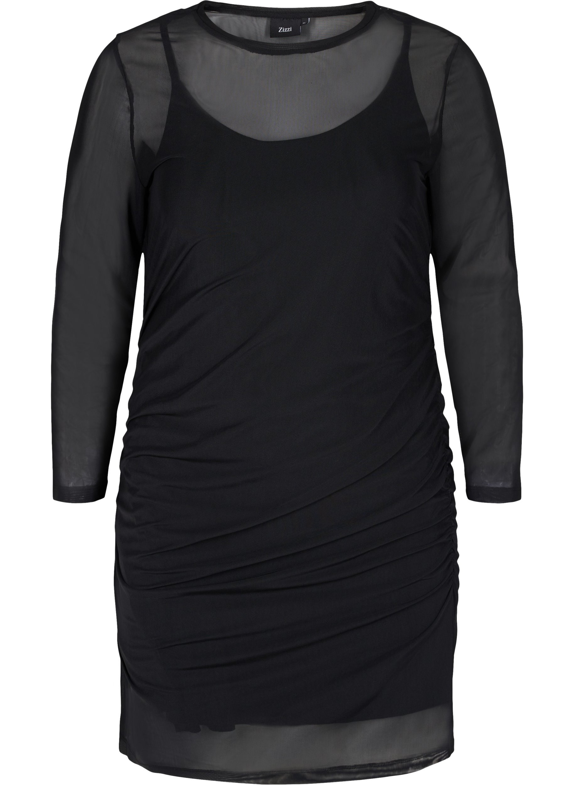 Åtsittande mesh-klänning med 3/4 ärmar, Black, Packshot image number 0
