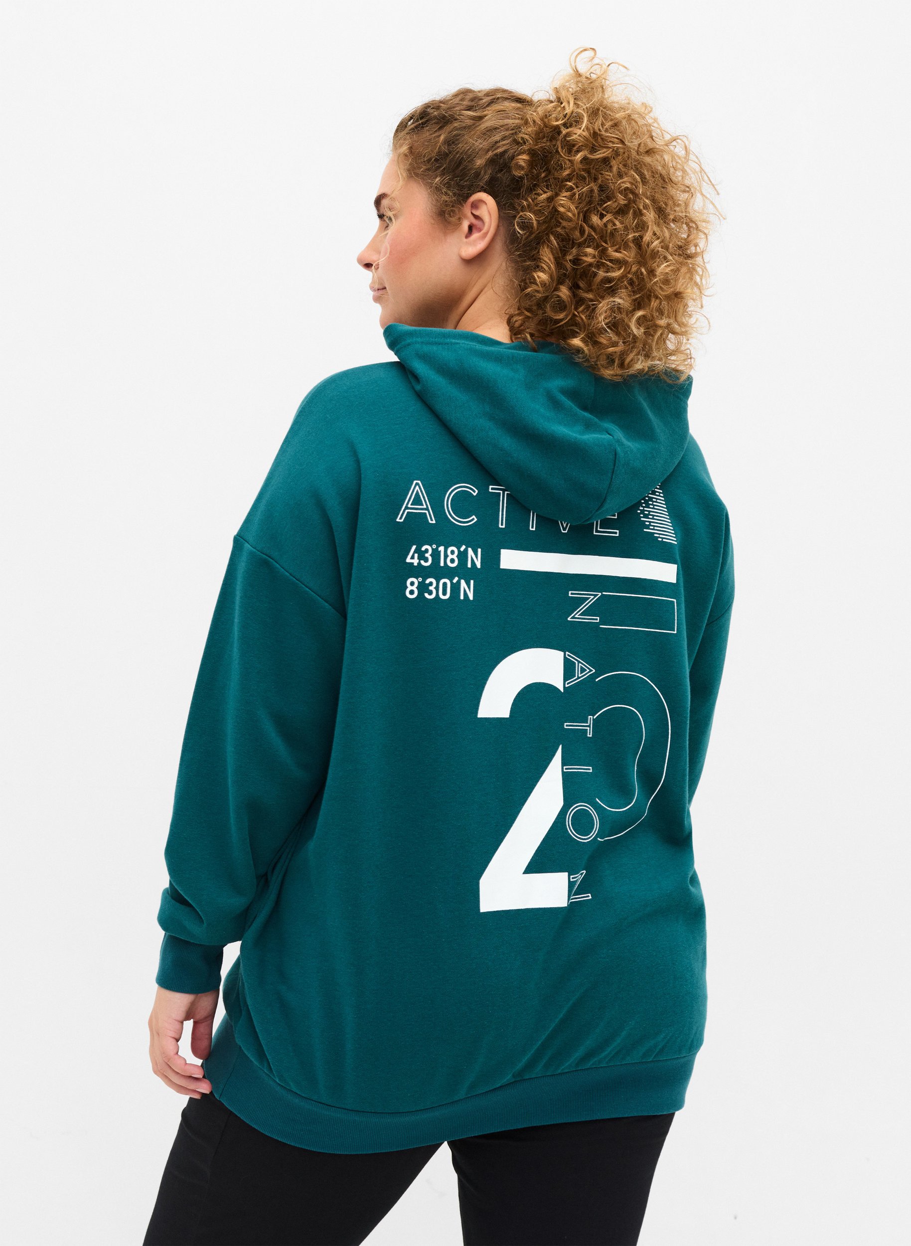 Långärmad tröja med huva och mönster, Deep Teal, Model