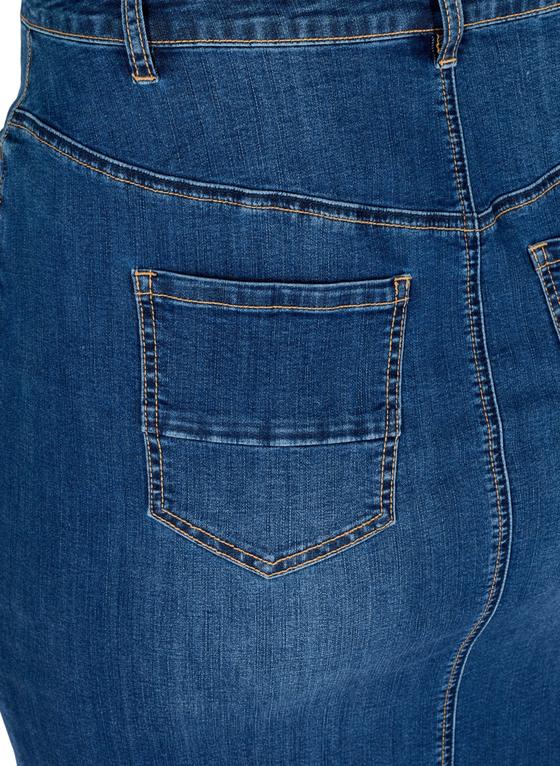 Knälång jeanskjol med slits, Dark blue denim, Packshot image number 3
