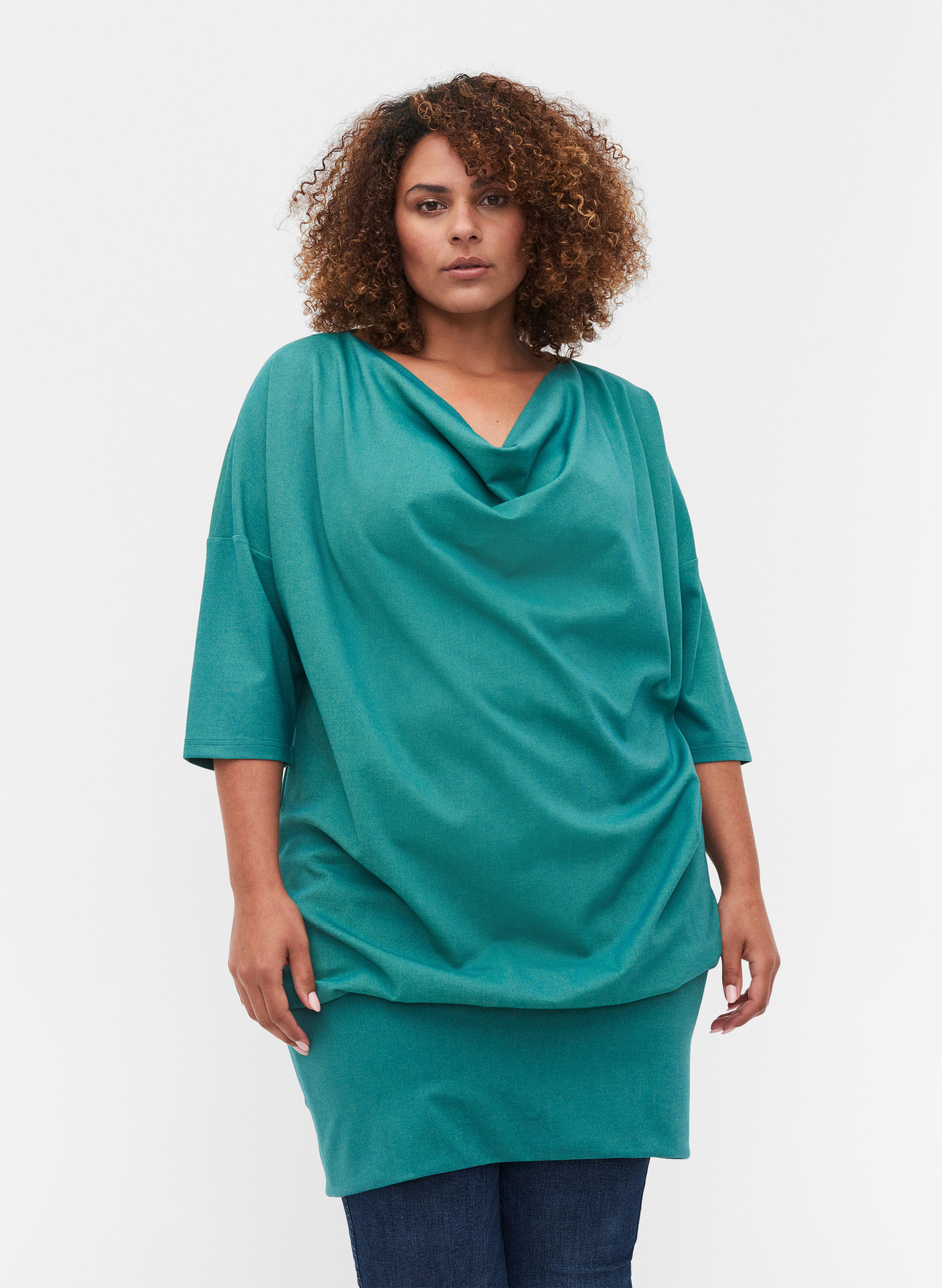 Enfärgad tunika med 3/4 ärmar, Teal Green Melange, Model