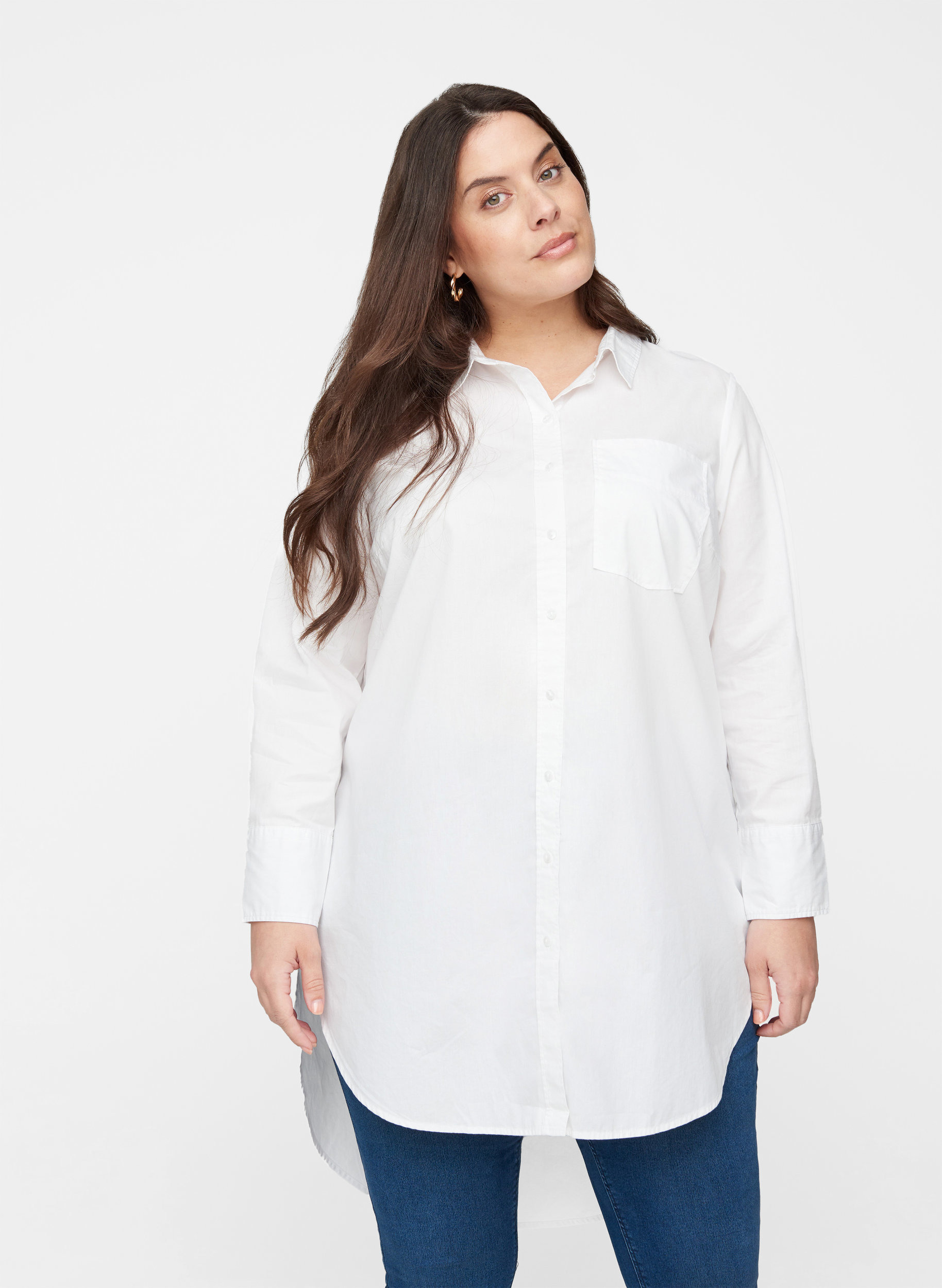 Lång bomullsskjorta med bröstficka, White, Model image number 0