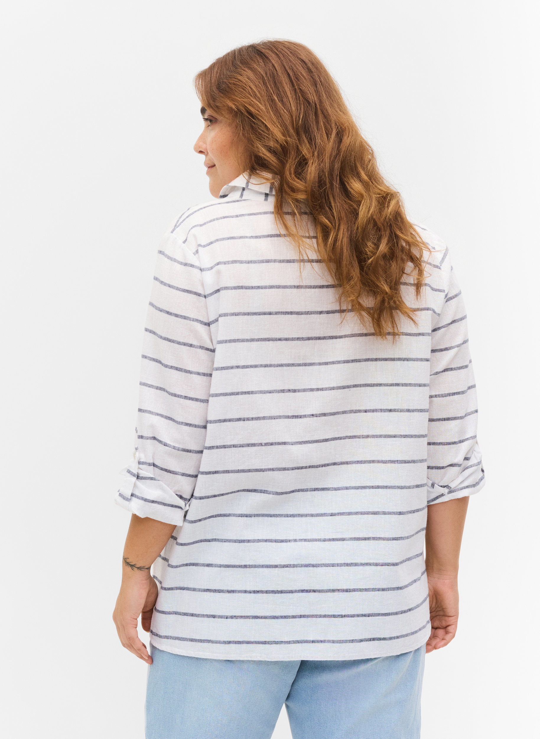 Blus med 3/4-ärmar och knappar, Navy Blazer stripe, Model