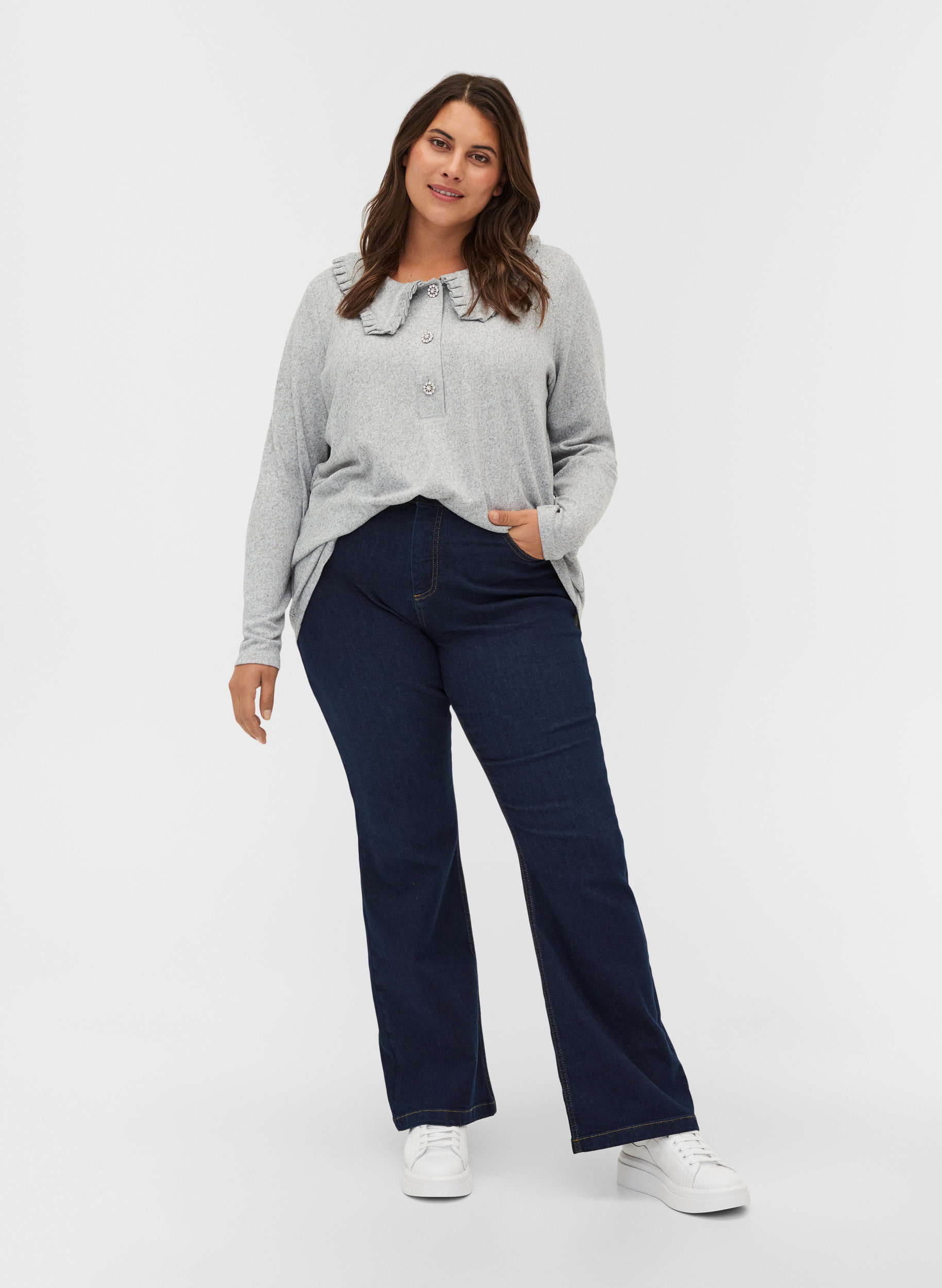 Ellen jeans med bootcut och hög midja, Dark blue denim, Model image number 0