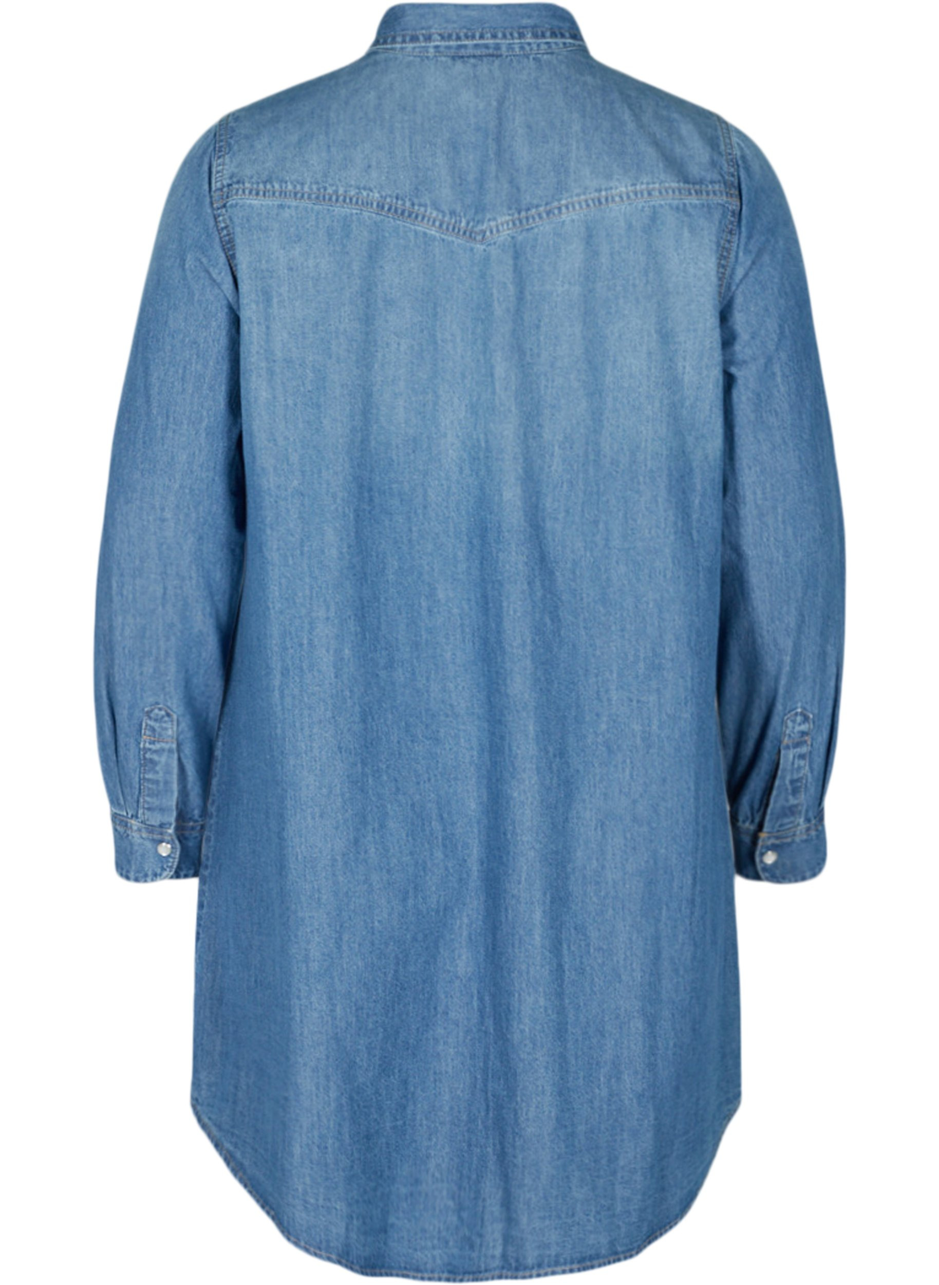 Lång jeansskjorta i bomull, Blue denim, Packshot image number 1