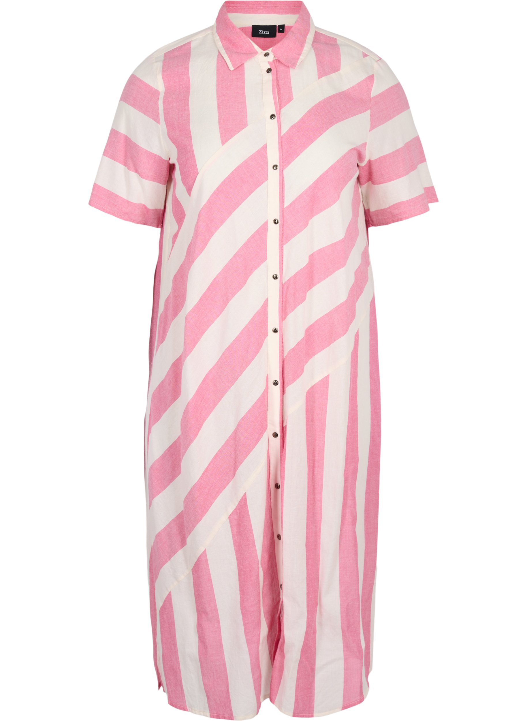 Kortärmad skjortklänning i bomull med ränder, Magenta Stripe, Packshot