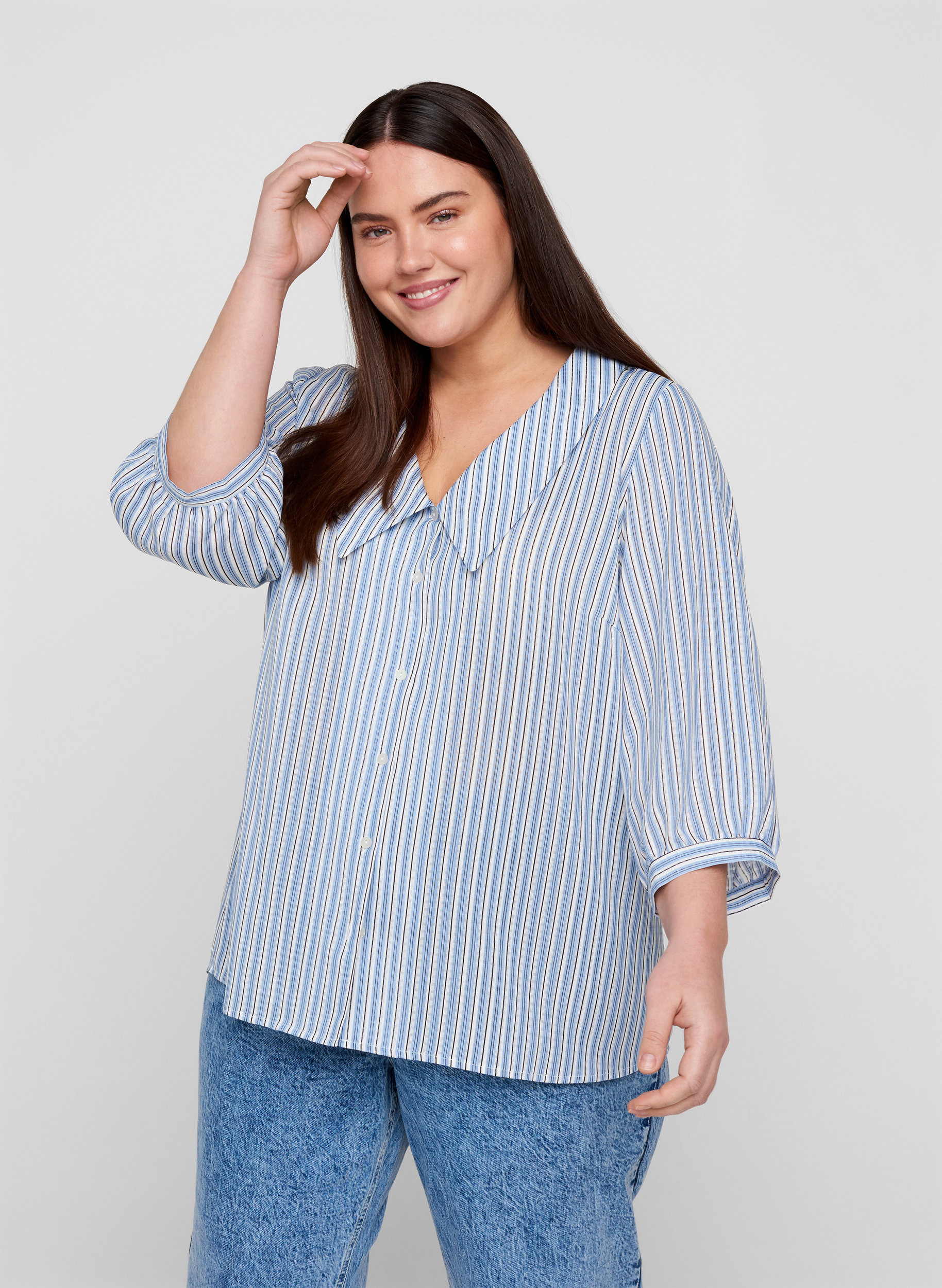 Randig skjortblus med stor krage, Light Blue Stripe, Model image number 0