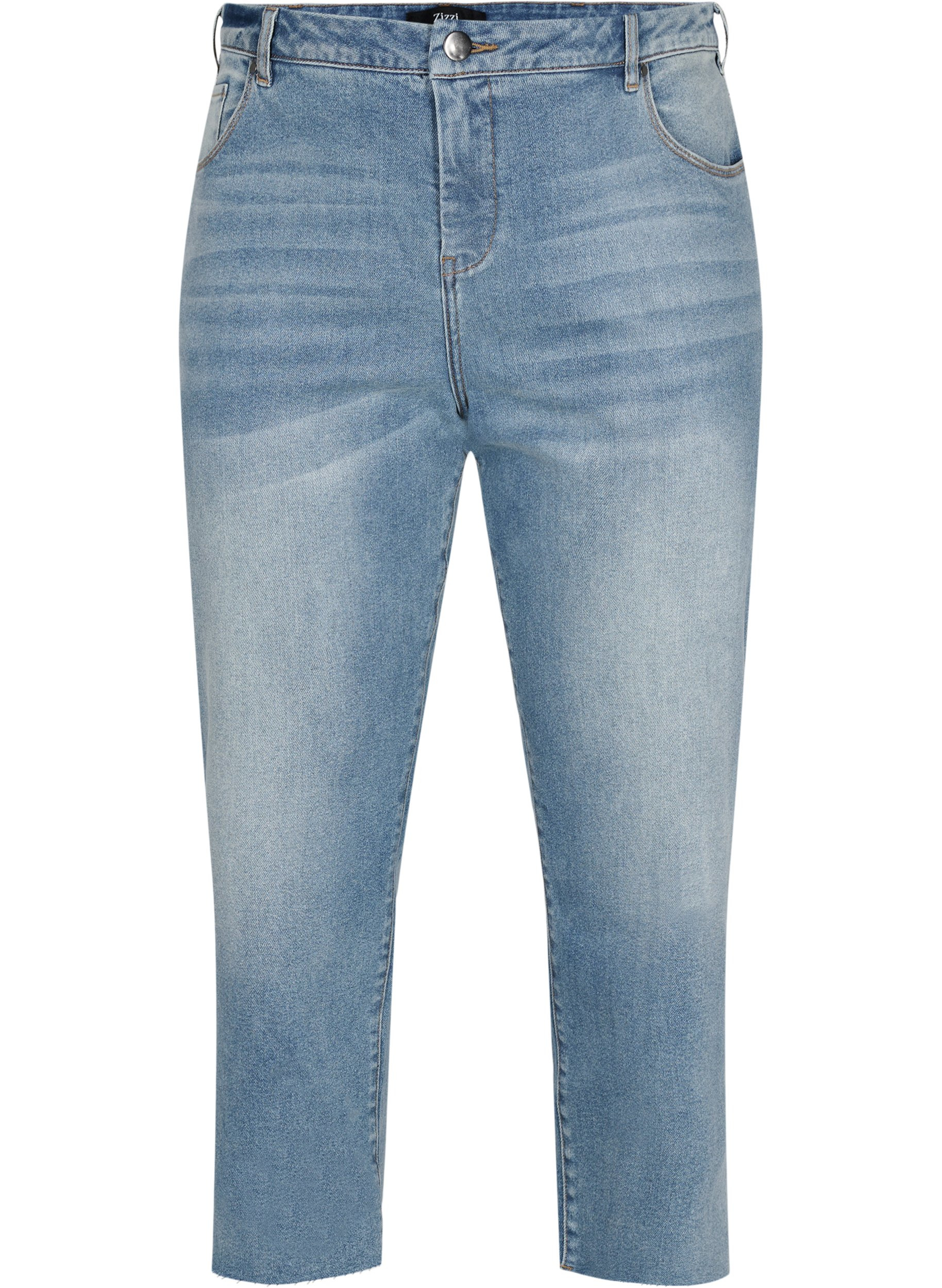 Croppade jeans med råa kanter och hög midja, Light blue denim, Packshot image number 0