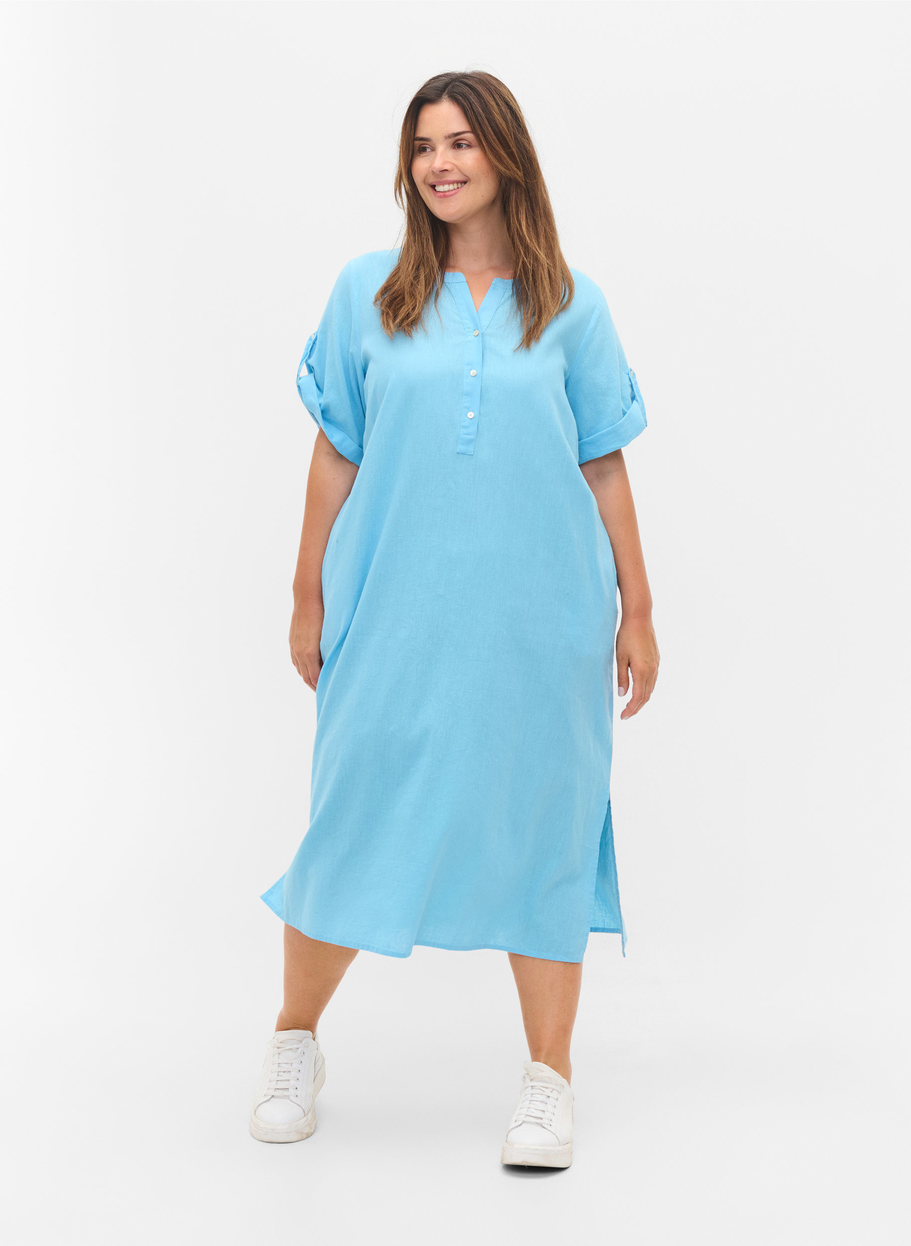 Lång skjortklänning med korta ärmar, Alaskan Blue, Model image number 2