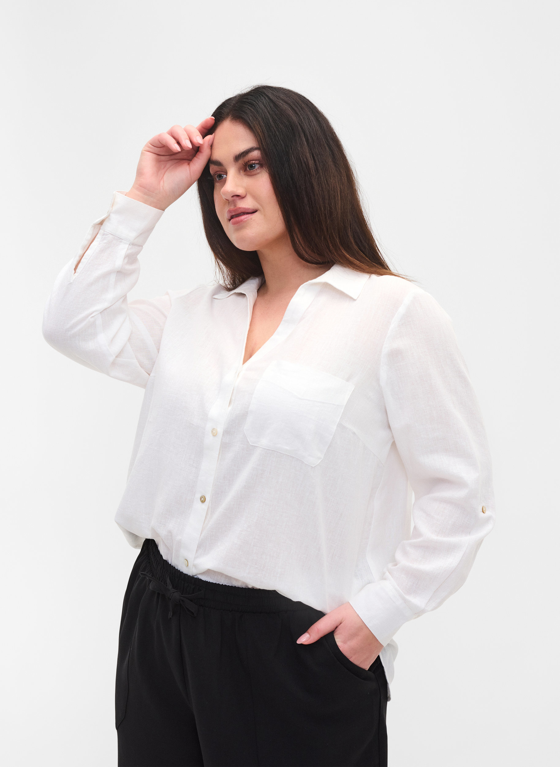 Blus med 3/4-ärmar och knappar, White, Model