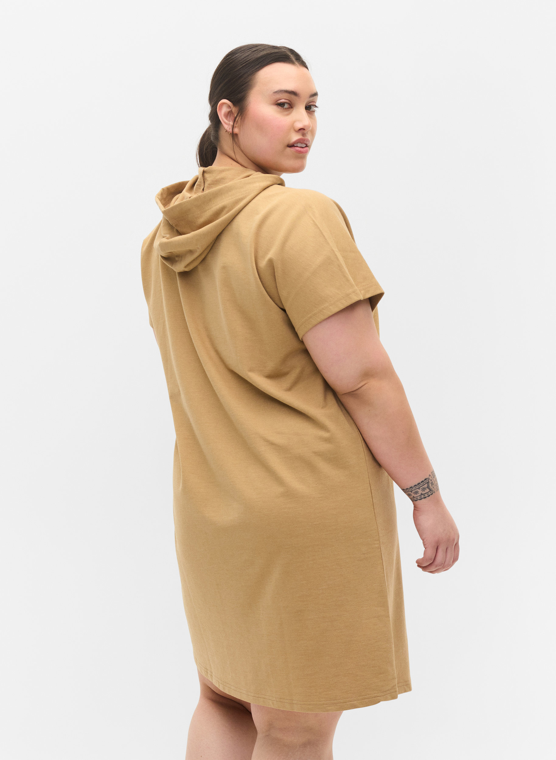 Sweatshirtklänning med huva och korta ärmar, Tannin, Model image number 1