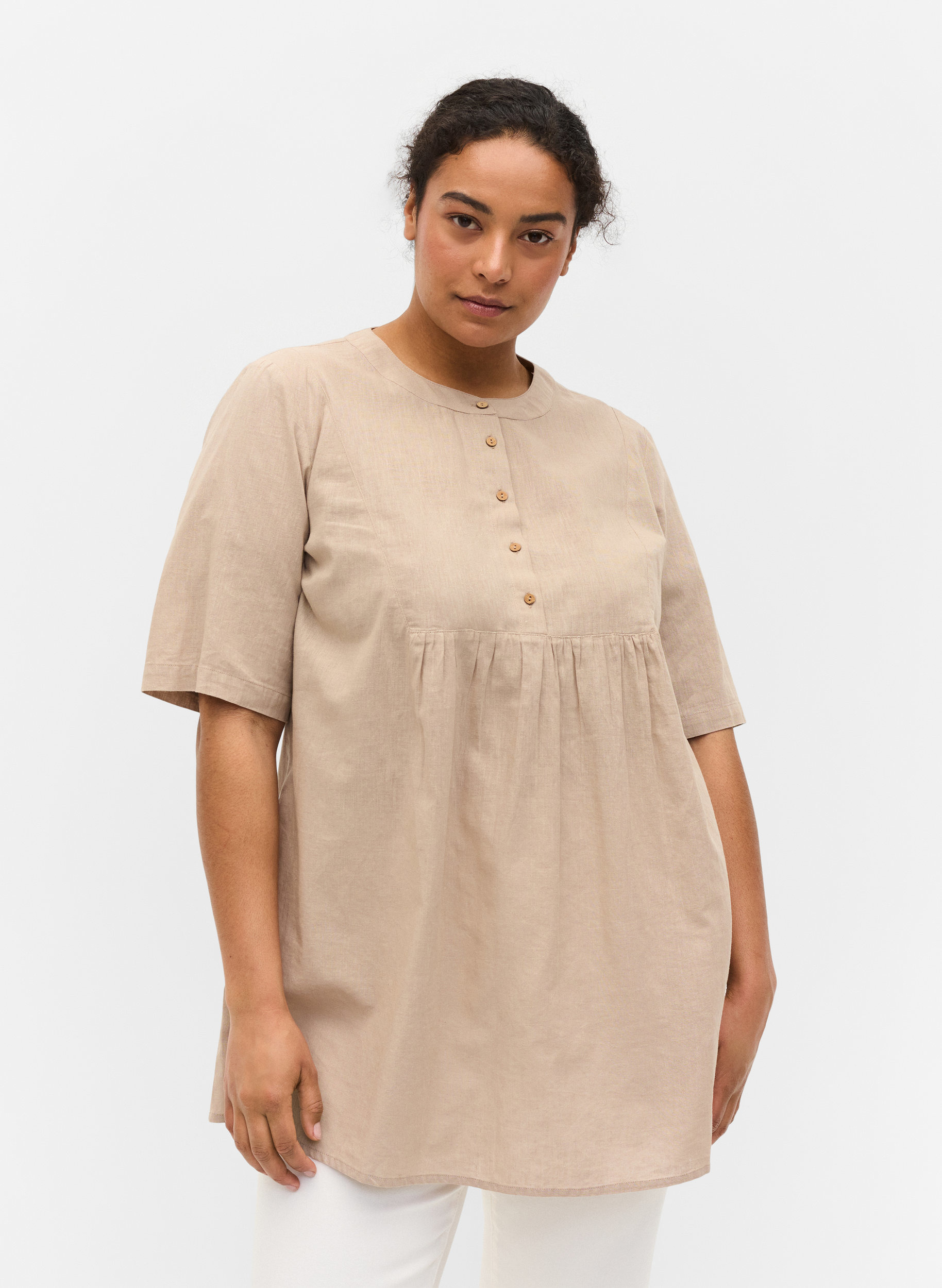Kortärmad tunika med knappar, Simply Taupe, Model