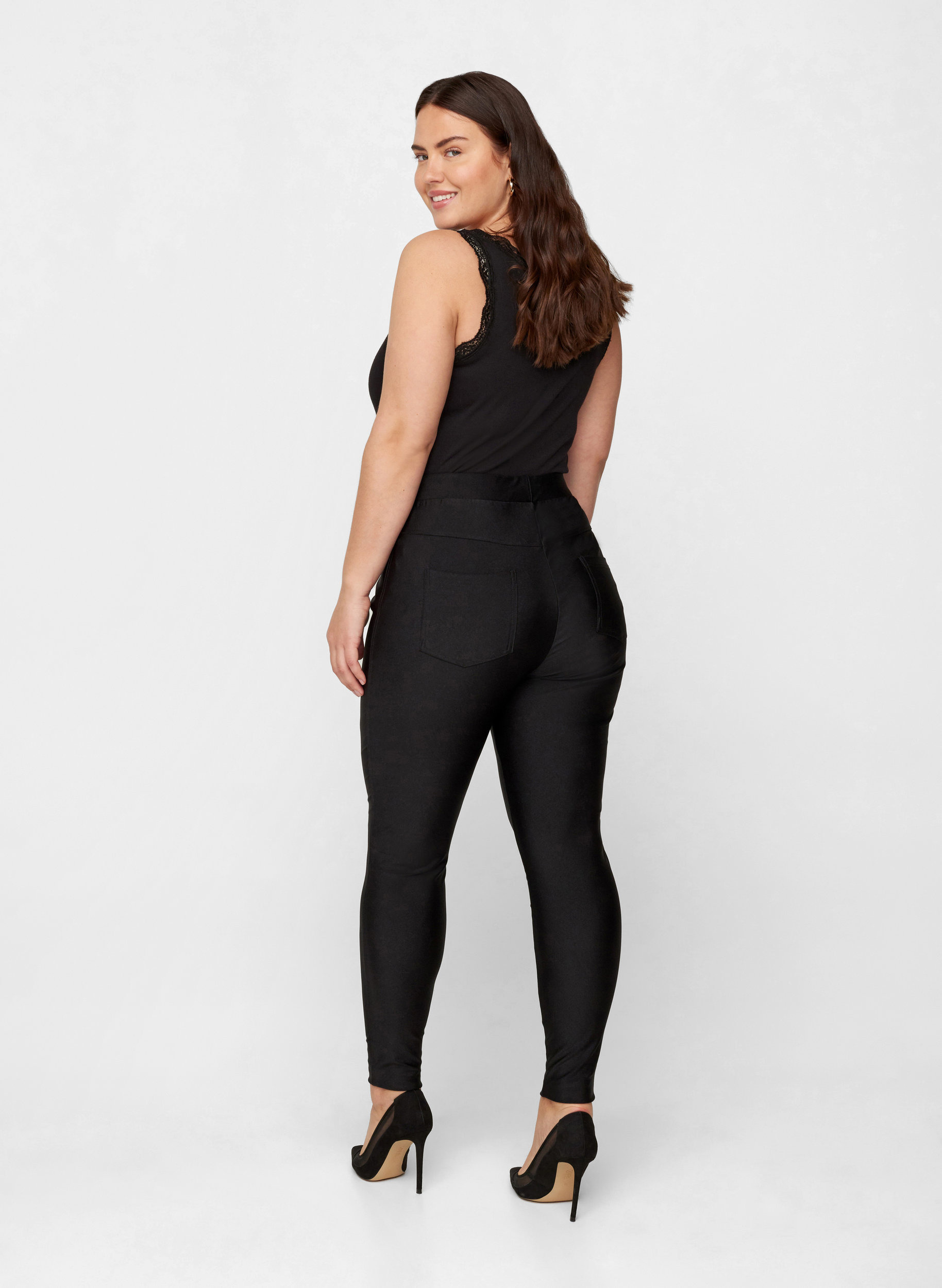 Shiny leggings med bakfickor och hög midja, Black, Model image number 1