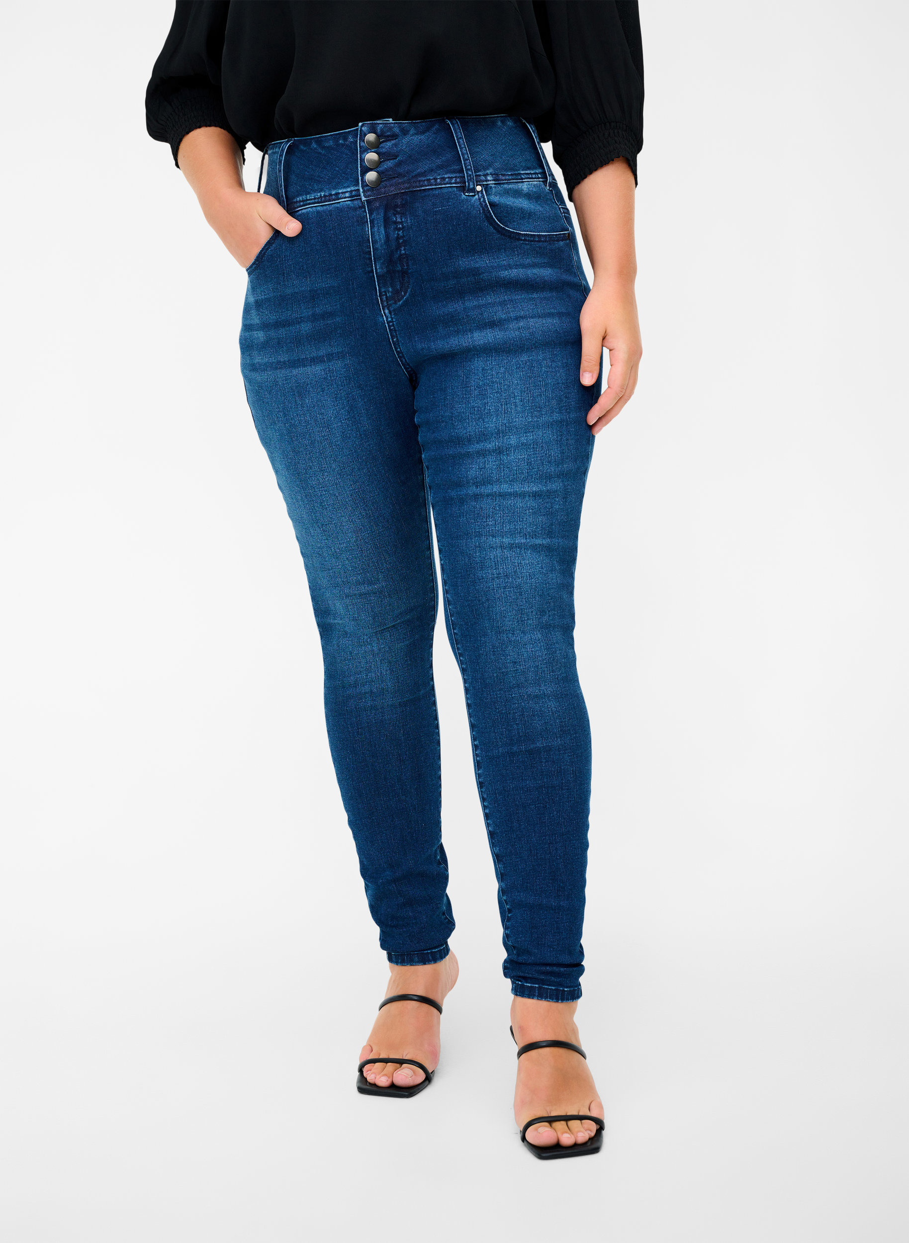 Super slim Bea jeans med extra hög midja, Blue denim, Model image number 2