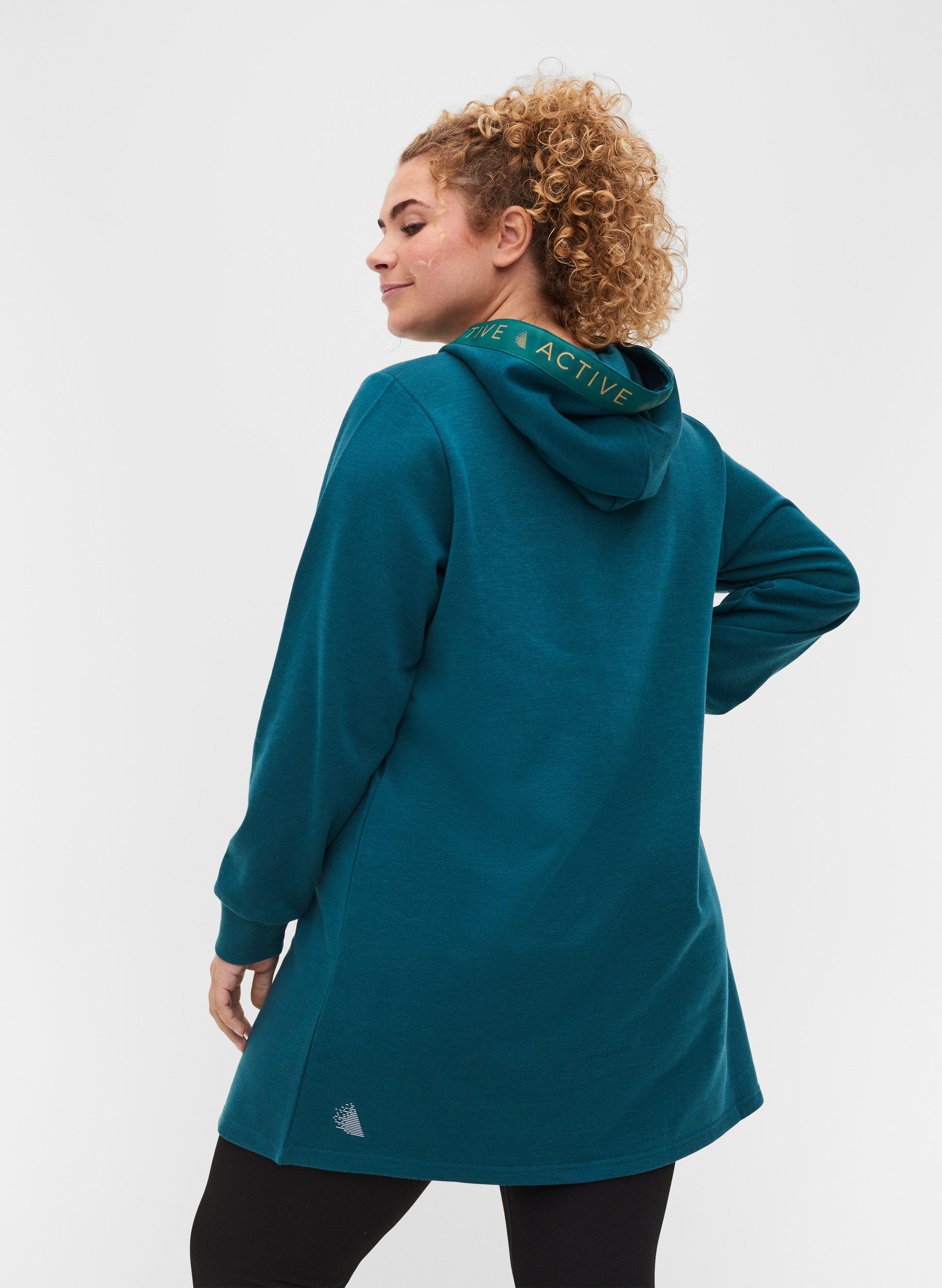 Lång sweatshirt med huva och sportiga detaljer, Deep Teal, Model image number 1