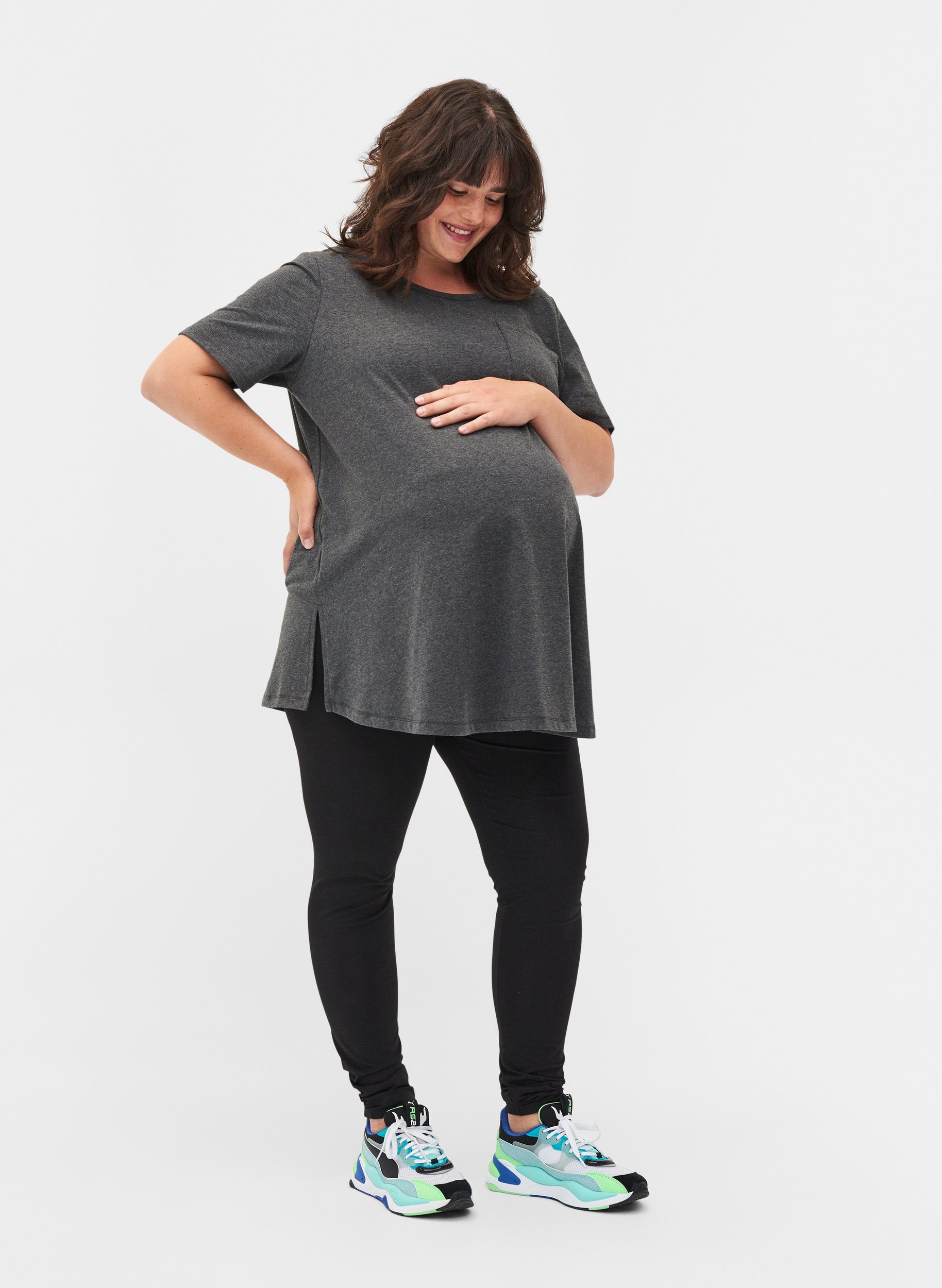 Kortärmad gravidtopp i bomull, Dark Grey Melange, Model image number 2