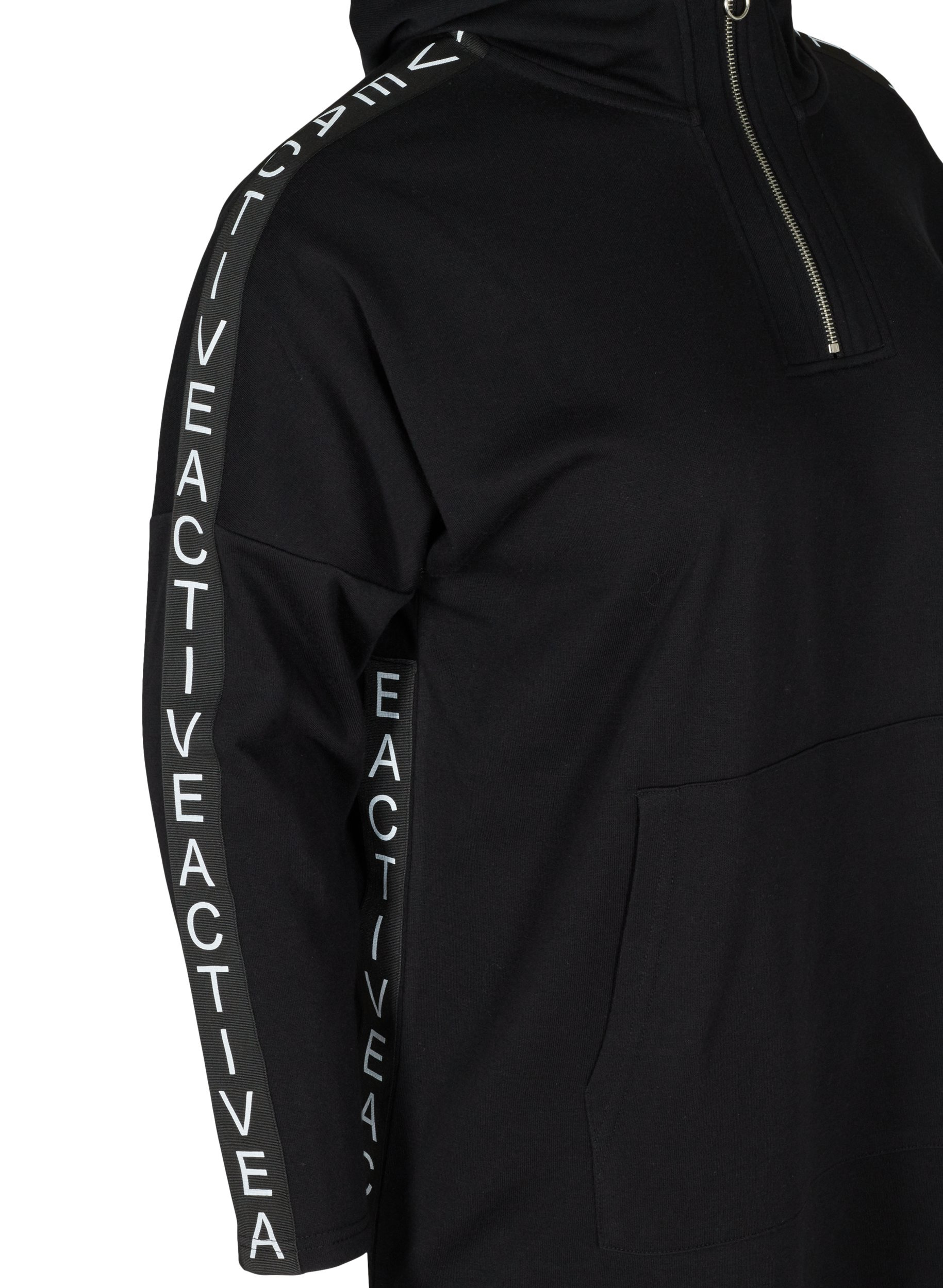Klänning i sweatshirtmaterial med huva och stor ficka, Black, Packshot image number 3