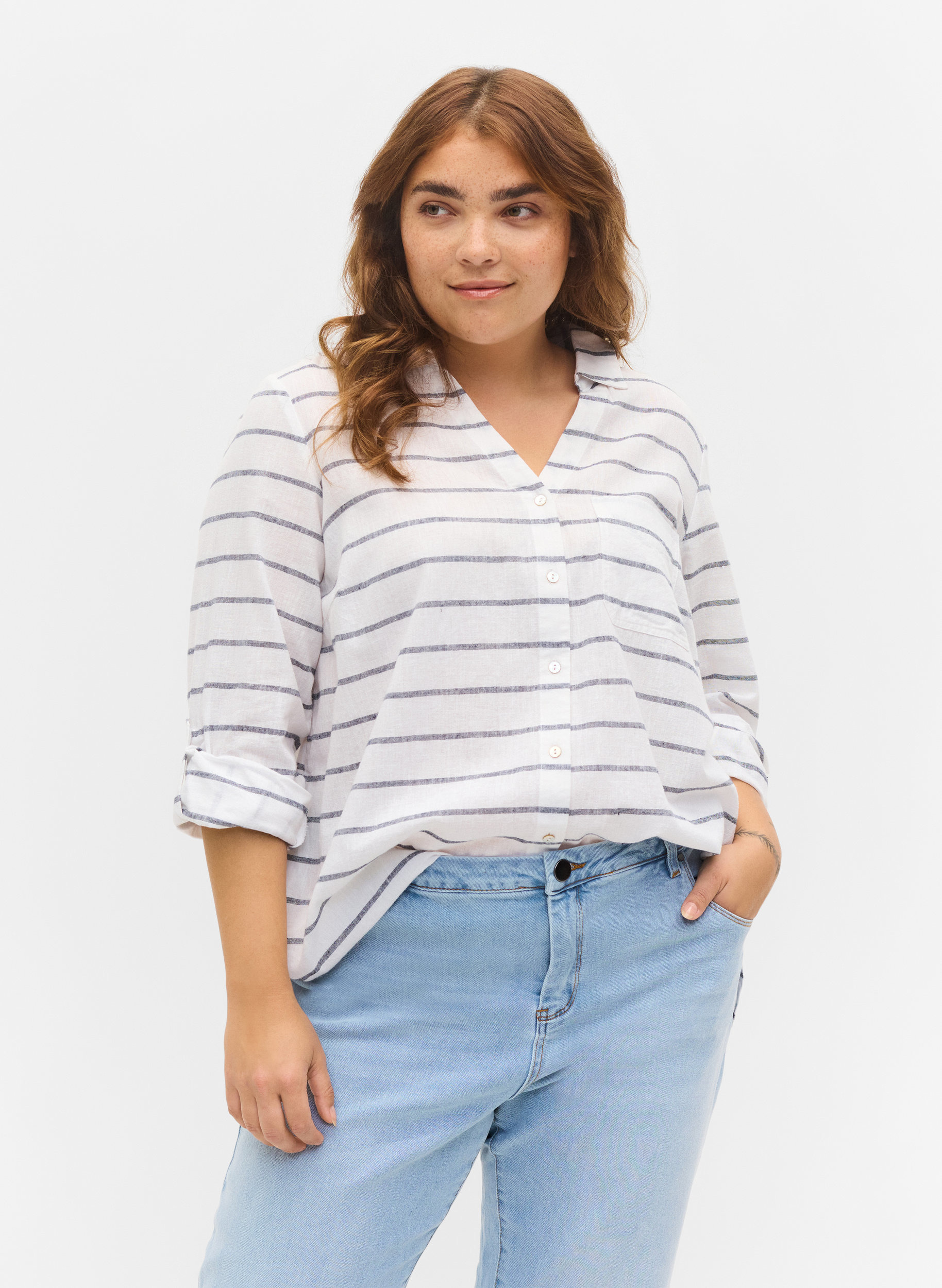 Blus med 3/4-ärmar och knappar, Navy Blazer stripe, Model