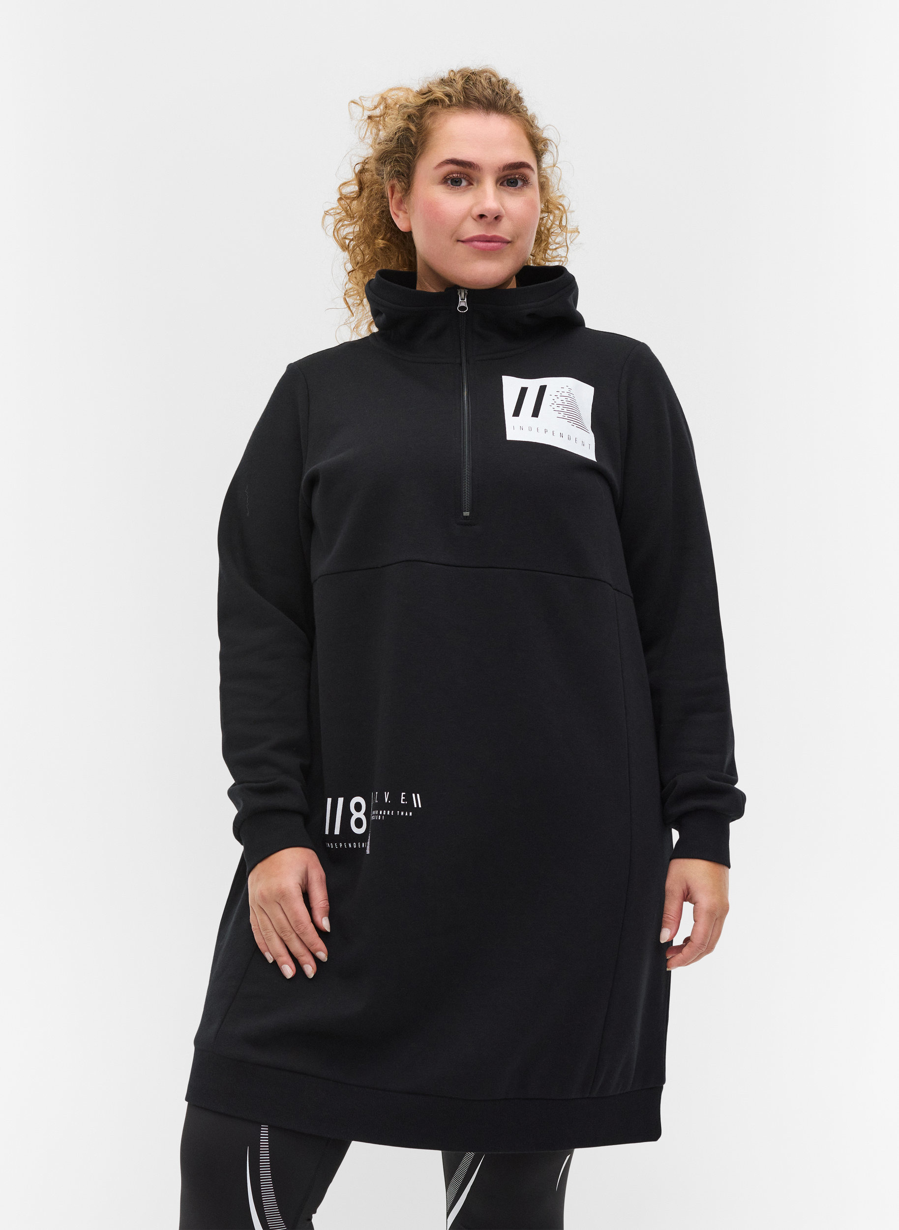 Sweatshirtklänning med huva och tryck, Black, Model image number 0