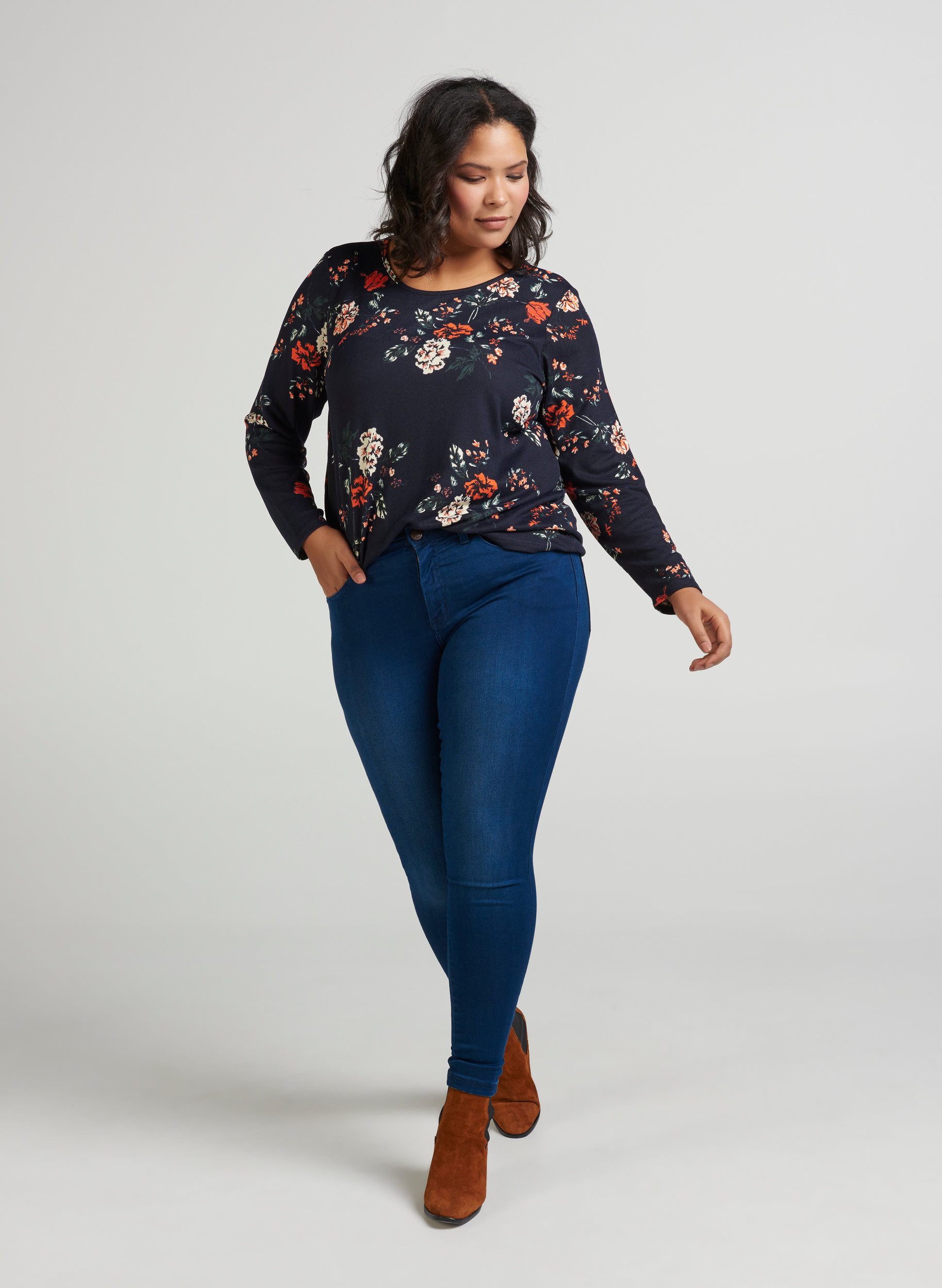Super slim Amy jeans med hög midja, Blue denim, Model image number 1