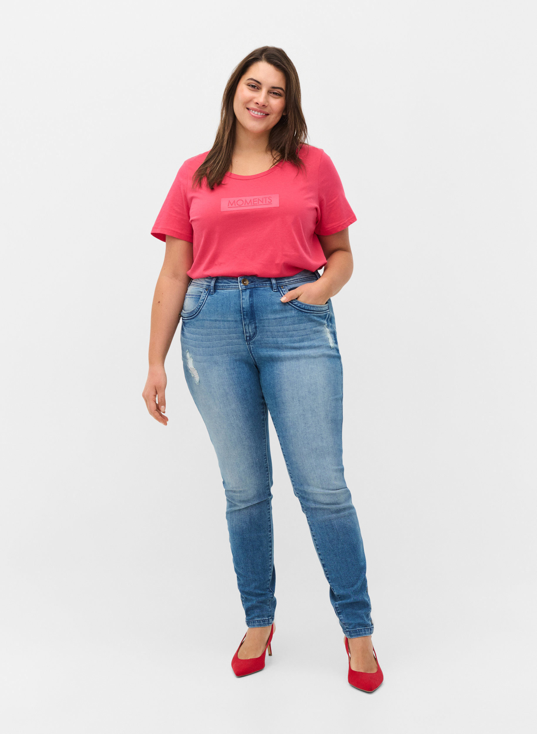 Amy jeans med super slim fit och slitna detaljer och knappar, Light blue, Model