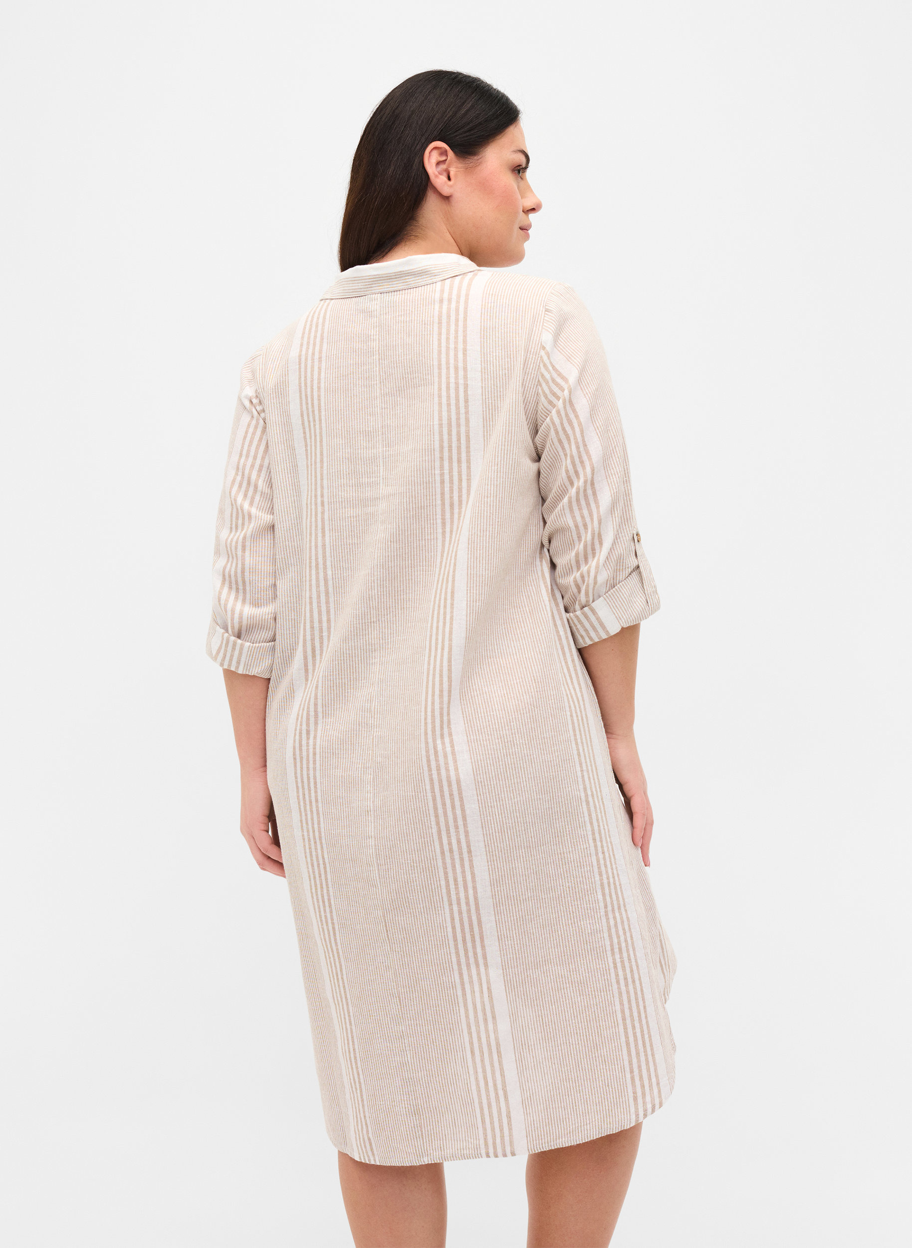 Klänning med v-ringning och krage, White Taupe Stripe, Model