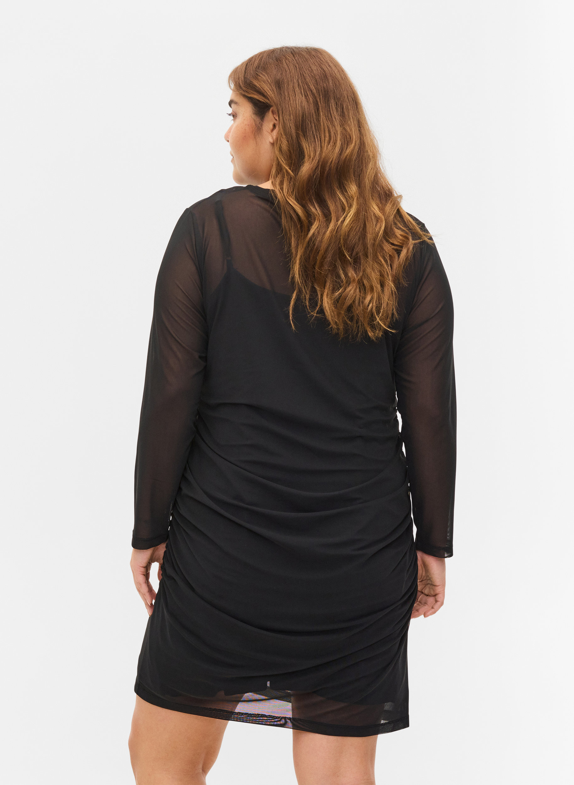 Åtsittande mesh-klänning med 3/4 ärmar, Black, Model image number 1