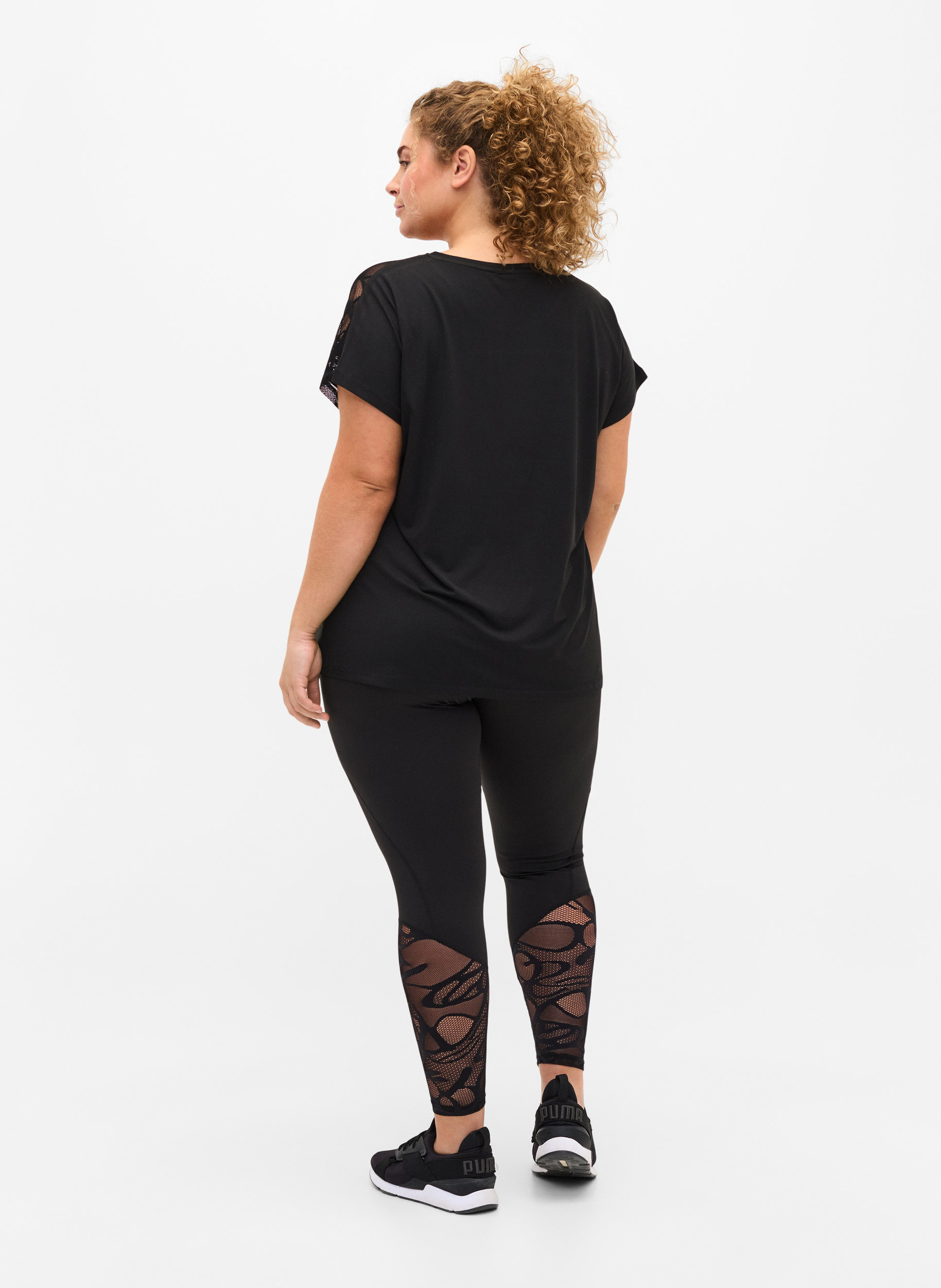 Croppade tights med mönstrad mesh, Black, Model