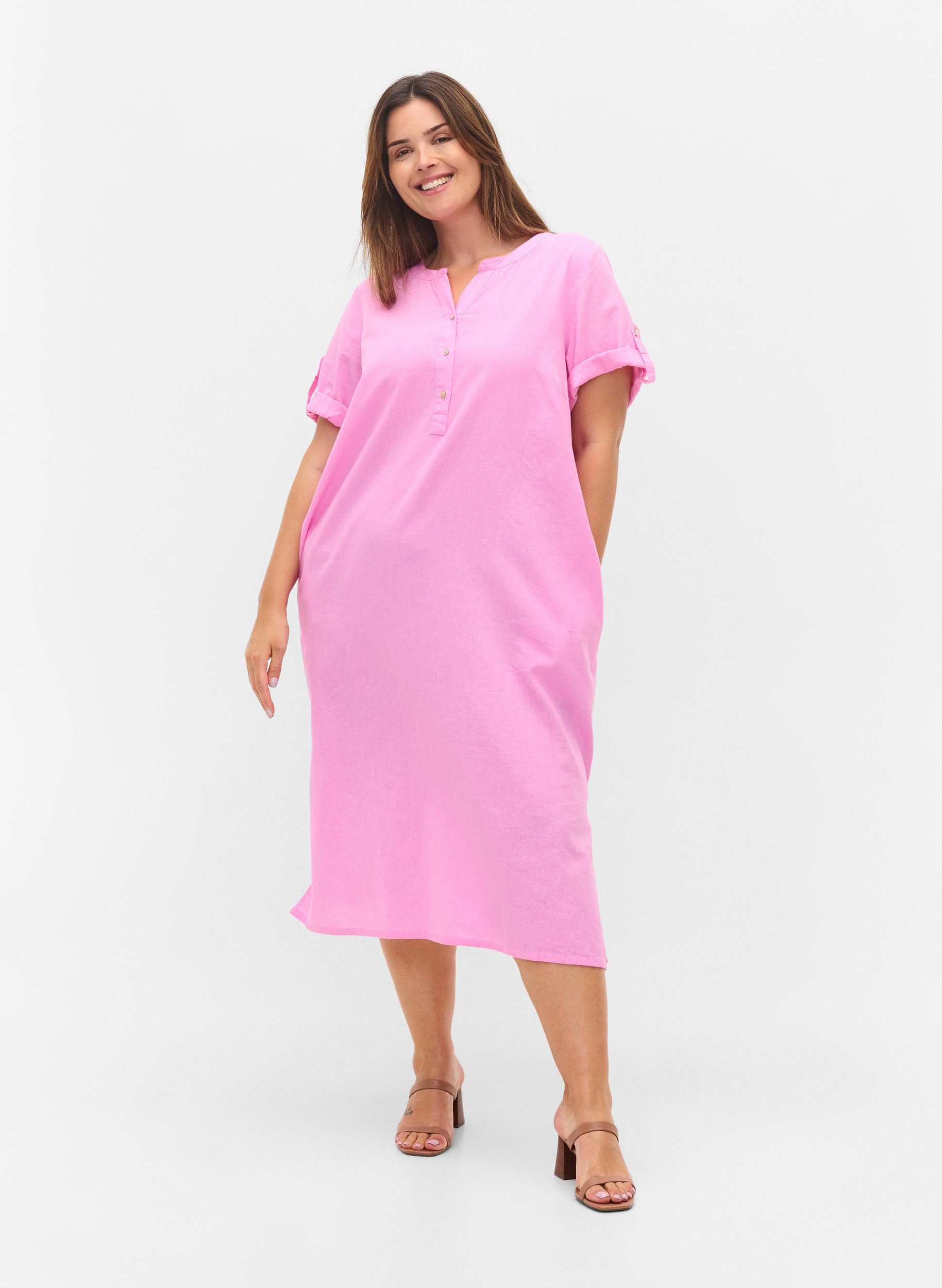 Lång skjortklänning med korta ärmar, Begonia Pink, Model image number 2