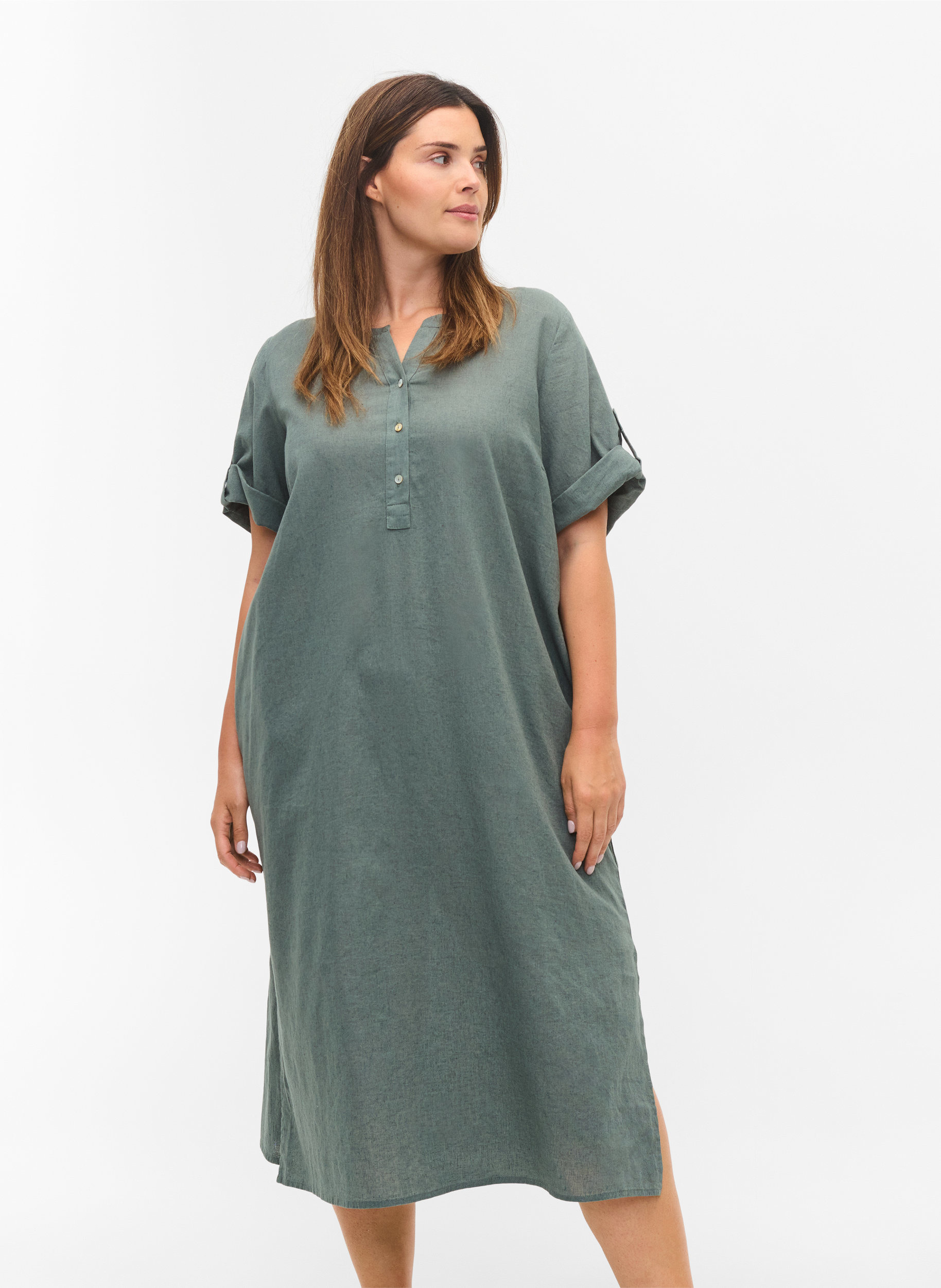 Lång skjortklänning med korta ärmar, Balsam Green, Model image number 0