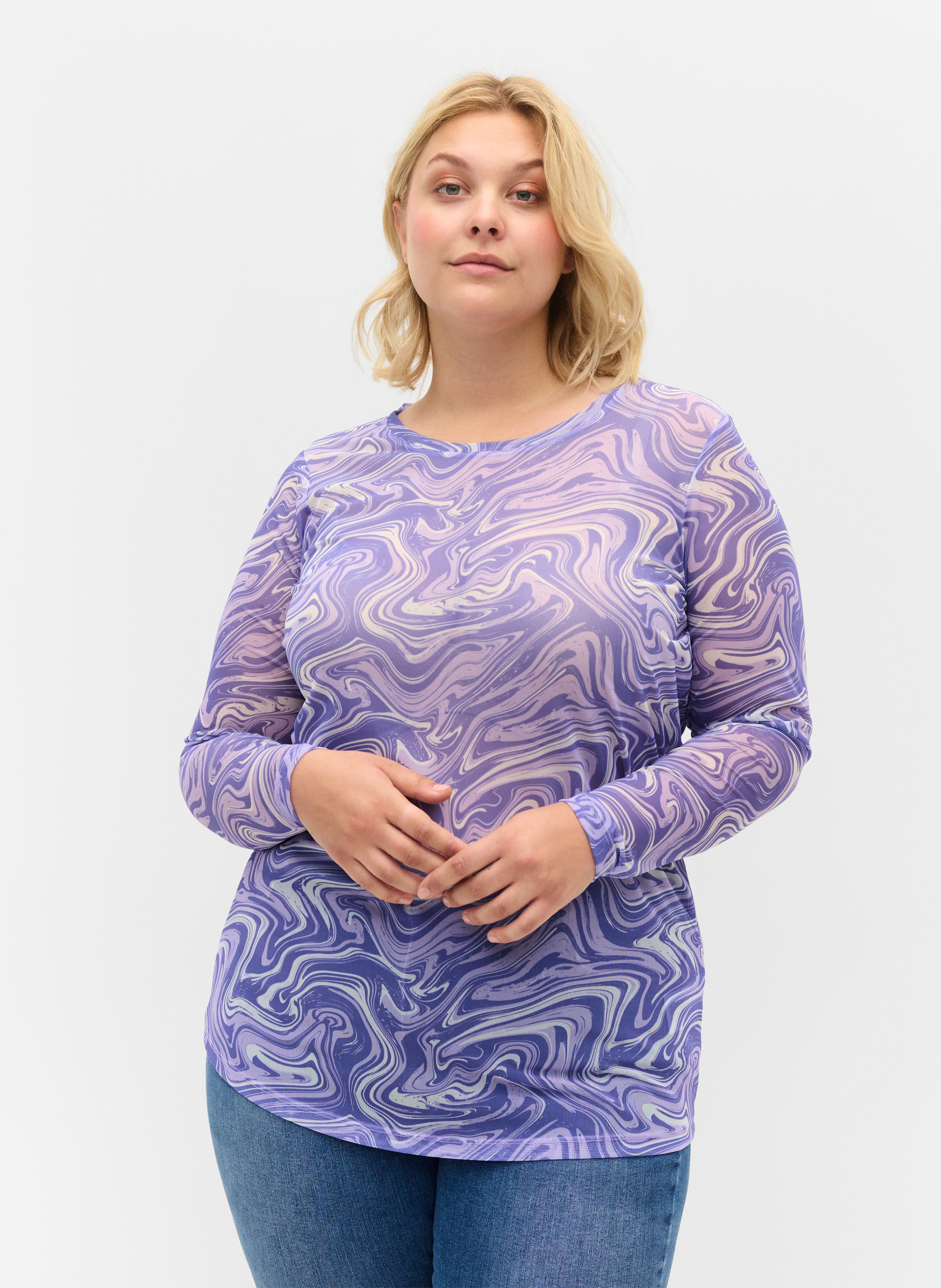 Mesh-tröja med tryck, Lilac, Model image number 0