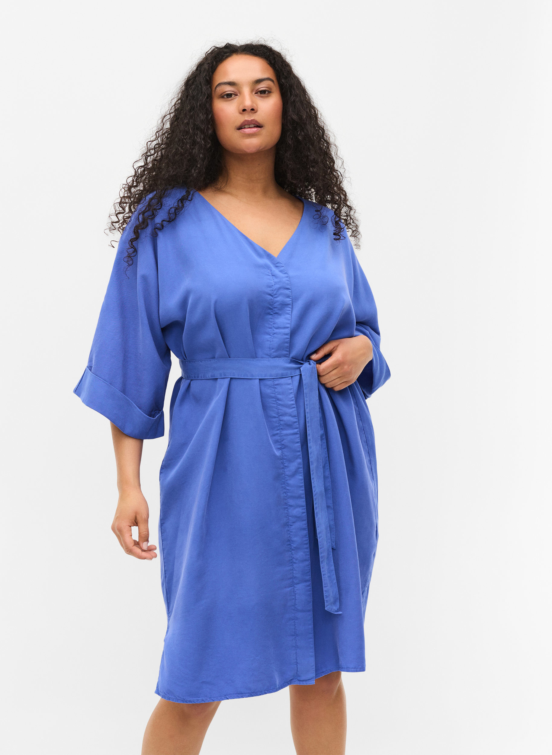 Klänning med 3/4-ärmar och knytband, Dazzling Blue, Model image number 0