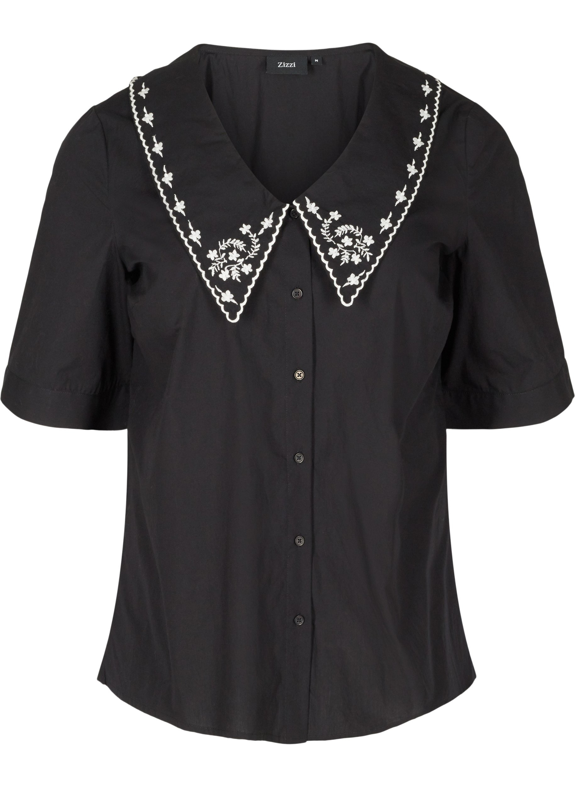 Kortärmad skjorta i bomull med stor krage, Black w. White, Packshot image number 0
